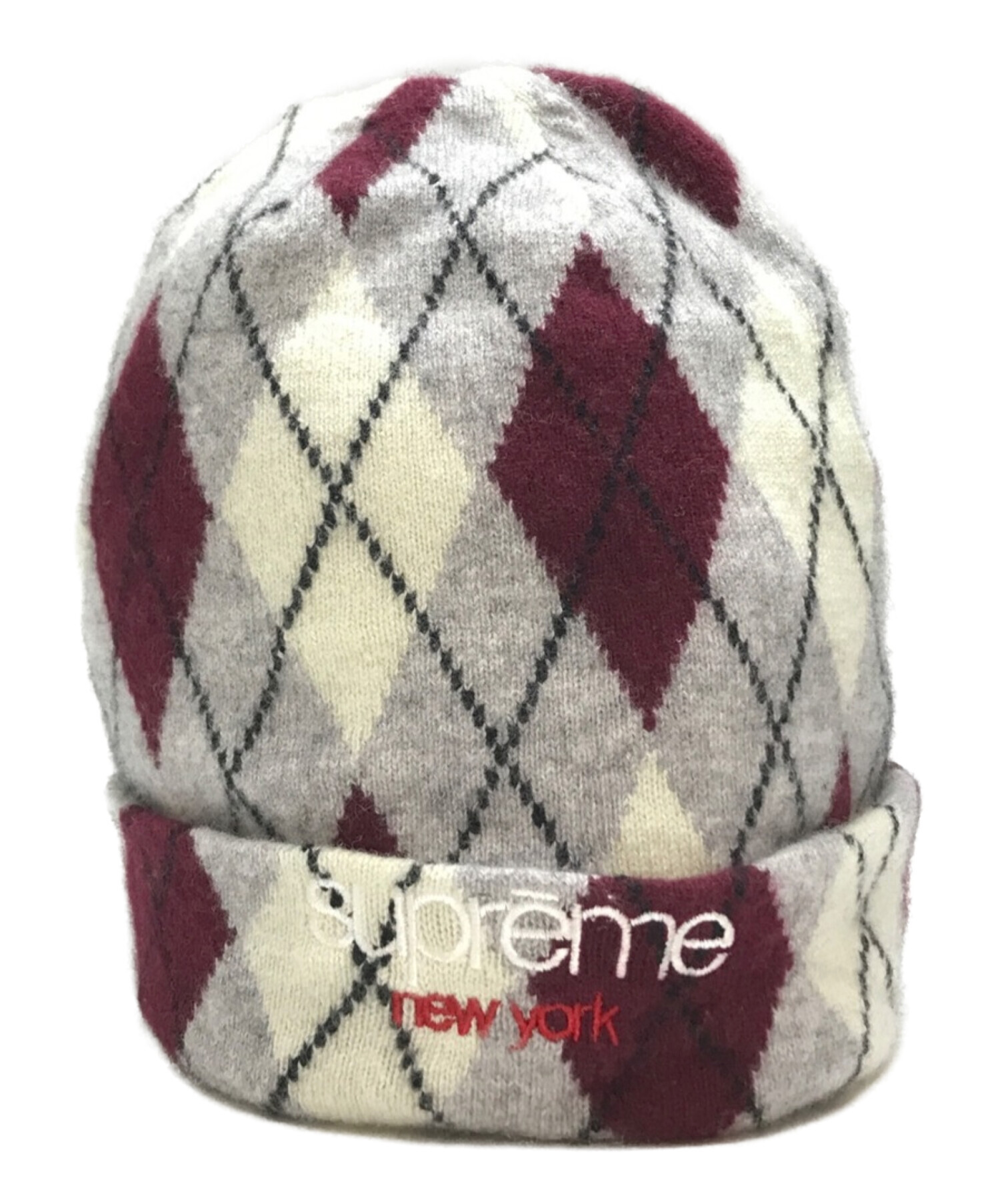 SUPREME (シュプリーム) ARGYLE CASHMERE BEANIE ホワイト×ブラウン