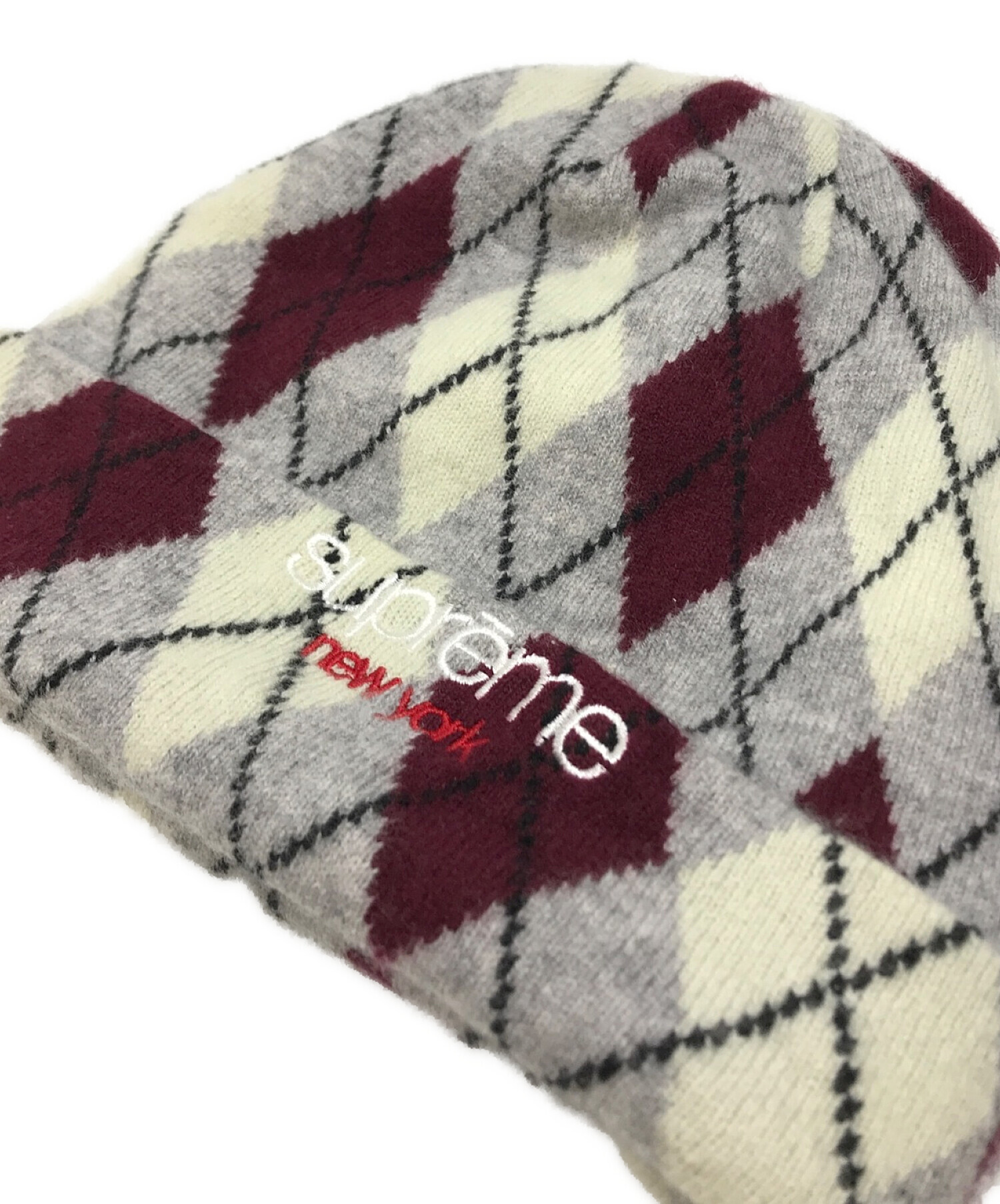 SUPREME (シュプリーム) ARGYLE CASHMERE BEANIE ホワイト×ブラウン