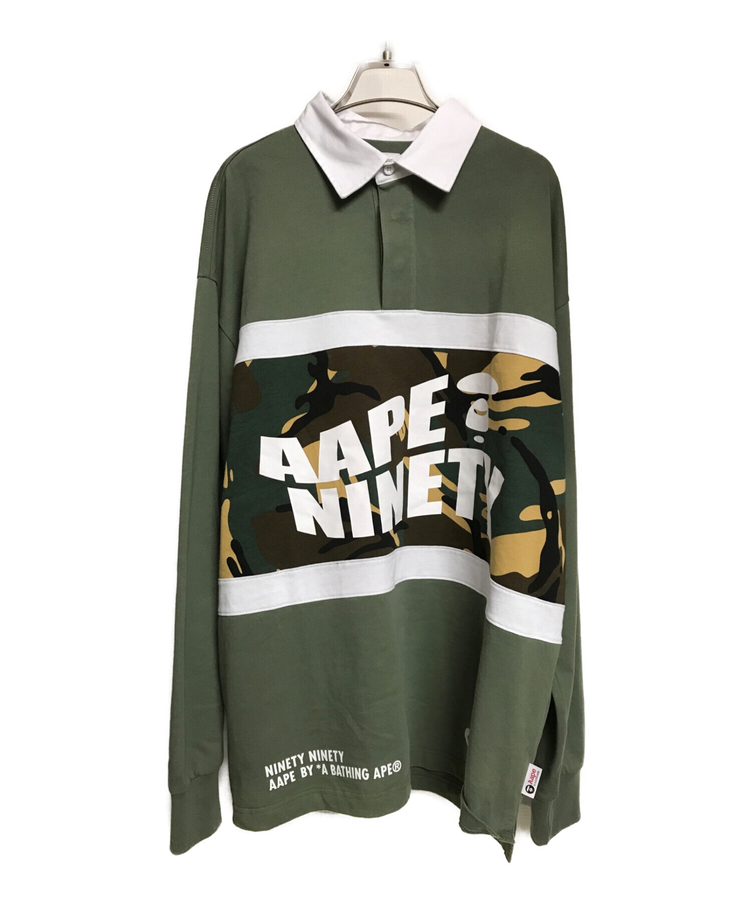 A BATHING APE×9090 (アベイシングエイプ×ナインティナインティ) ポロシャツ グリーン×ベージュ サイズ:XL