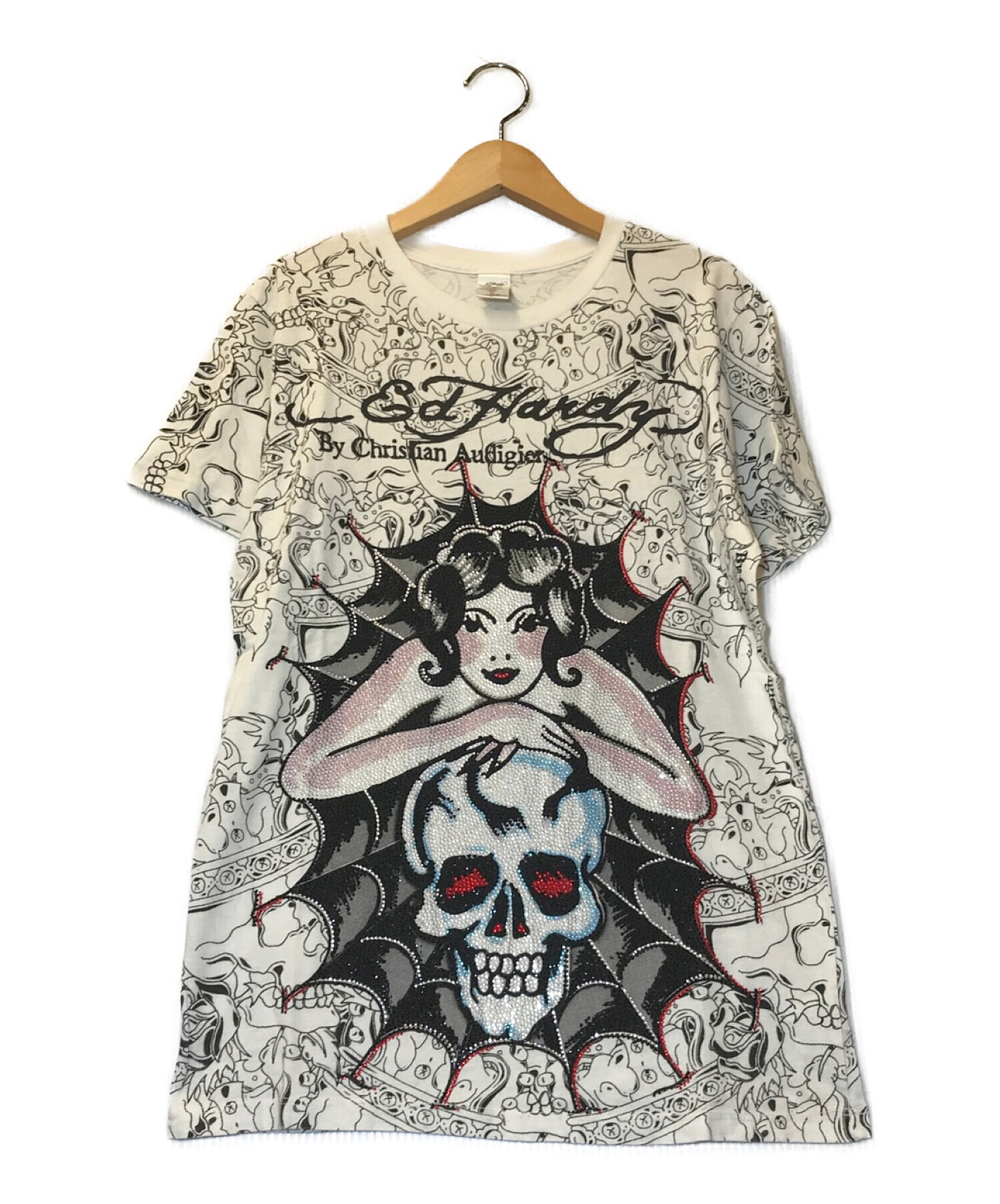 Ed Hardy (エド ハーディー) オールドラインストーンプリントTシャツ ホワイト サイズ:S