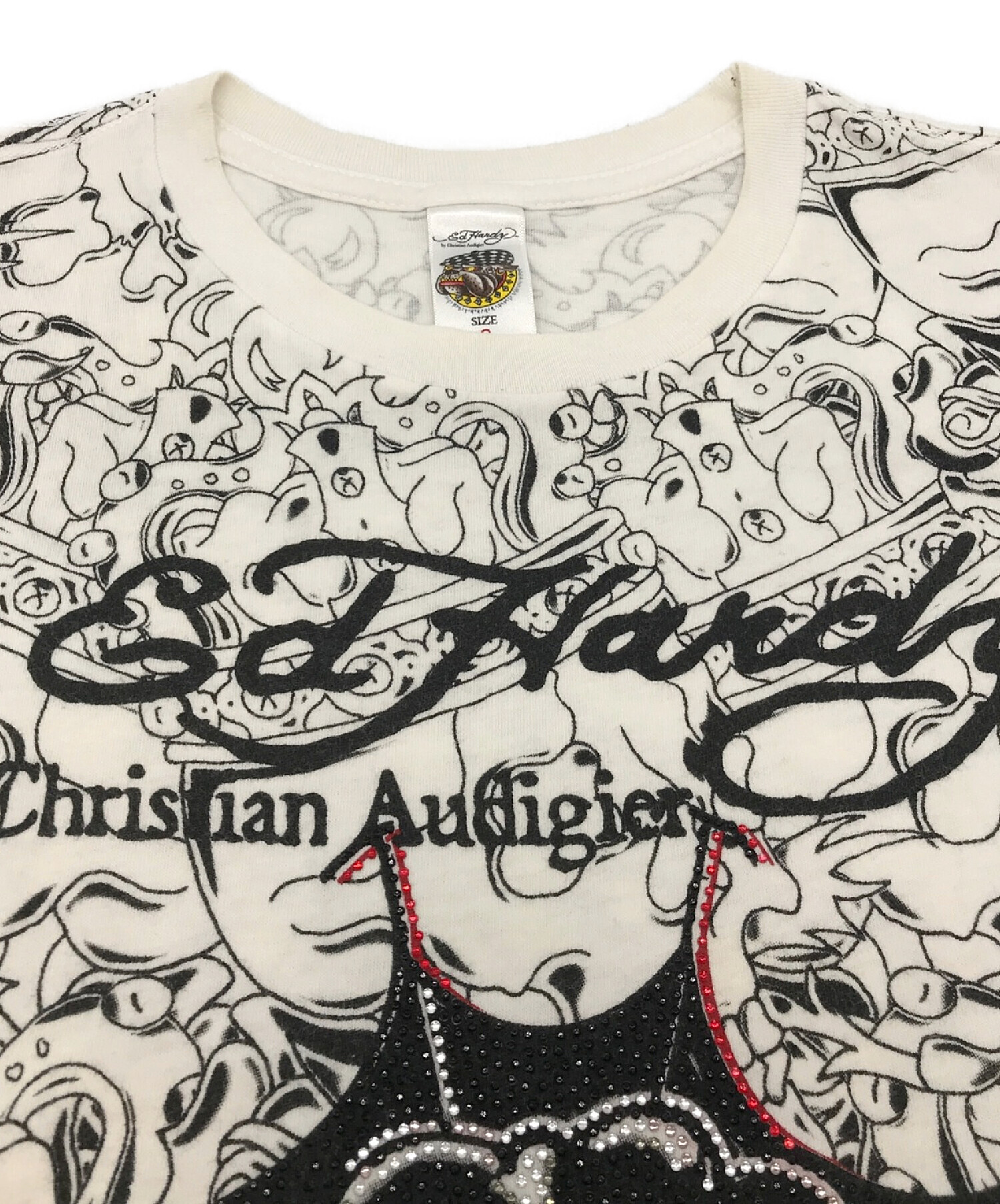 Ed Hardy (エド ハーディー) オールドラインストーンプリントTシャツ ホワイト サイズ:S