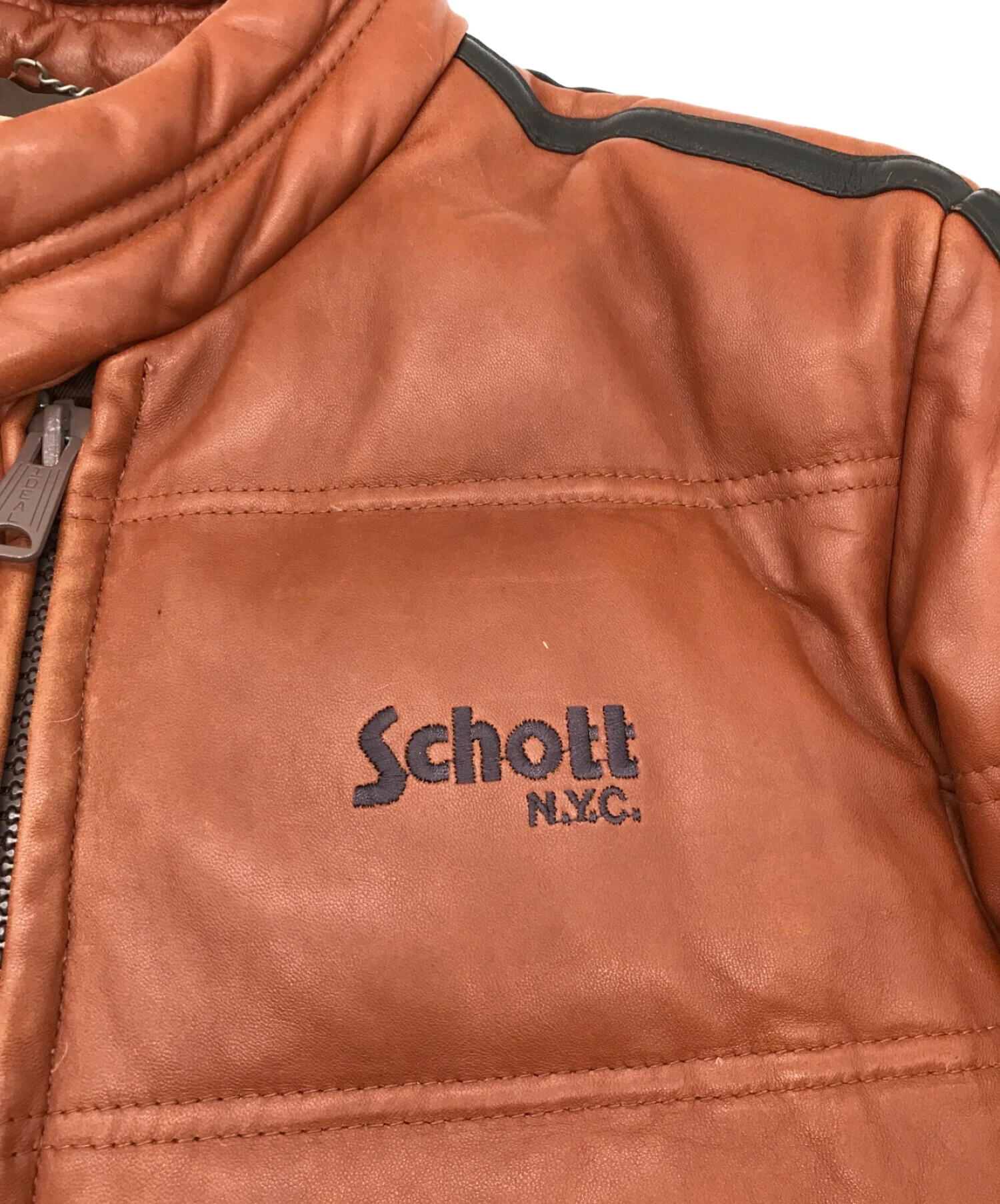 Schott (ショット) ラムレザーモーターサイクルダウンジャケット ブラウン サイズ:M