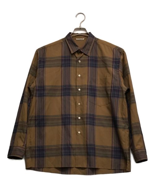 オーラリー 美品 18年製 スパーライトウールチェックシャツ 長袖 茶 0