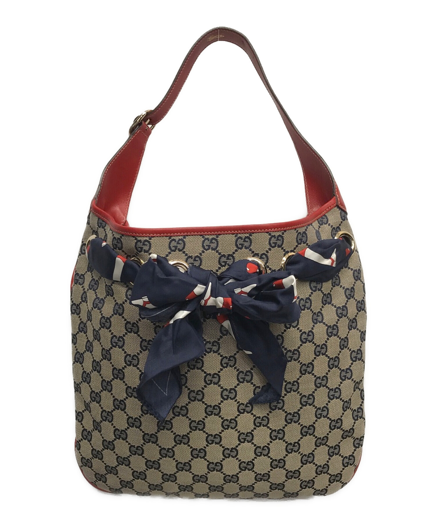 GUCCI (グッチ) スカーフ付きGGキャンバスショルダーバッグ ネイビー×レッド