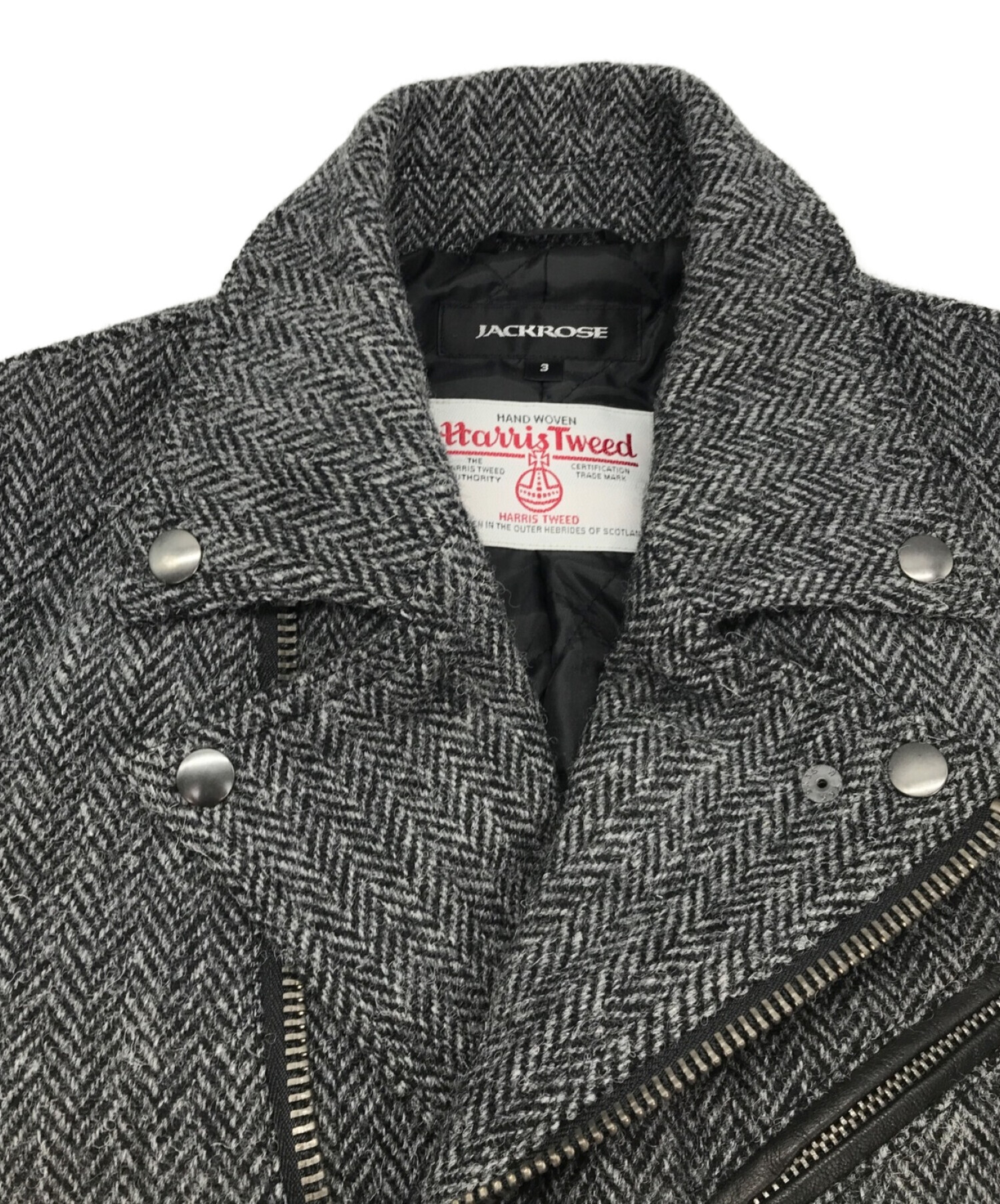 JACKROSE (ジャックローズ) Harris Tweed (ハリスツイード) ツイード×レザー切替ライダースジャケット グレー×ブラック  サイズ:3