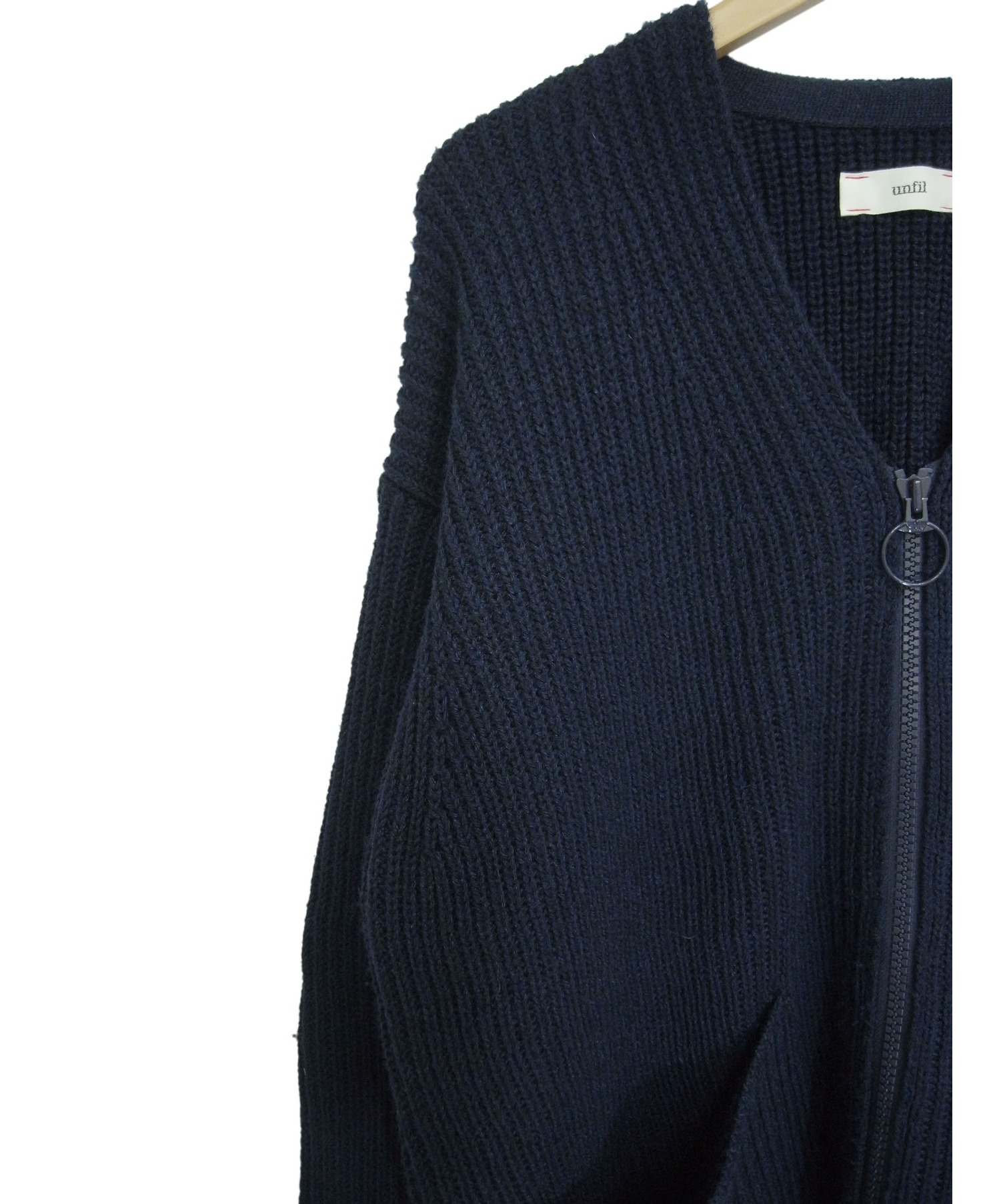 unfil (アンフィル) シルクブレンドジップカーディガン ネイビー サイズ:4 BRITISH WOOL/SILK BLEND ZIP UP  CARDIGAN OEFL-UM228