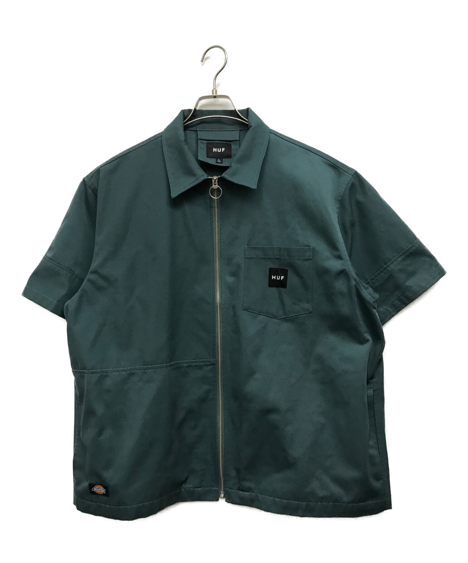 HUF (ハフ) Dickies (ディッキーズ) 別注WORKER ZIP S/SL SHIRT ワーカージップ S/SL シャツ グリーン  サイズ:L