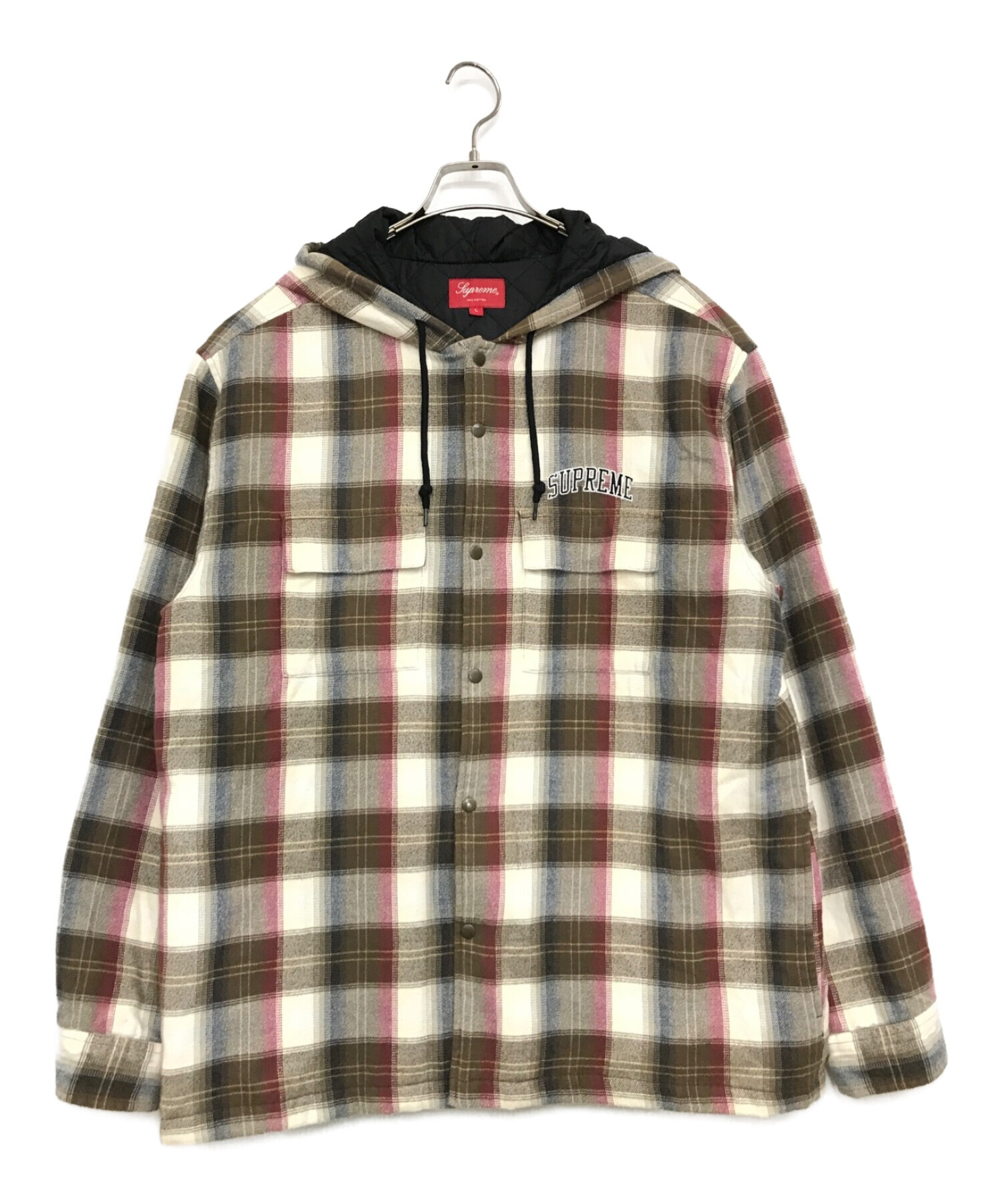 SUPREME (シュプリーム) Quilted Hooded Plaid Shirt ベージュ×レッド サイズ:L