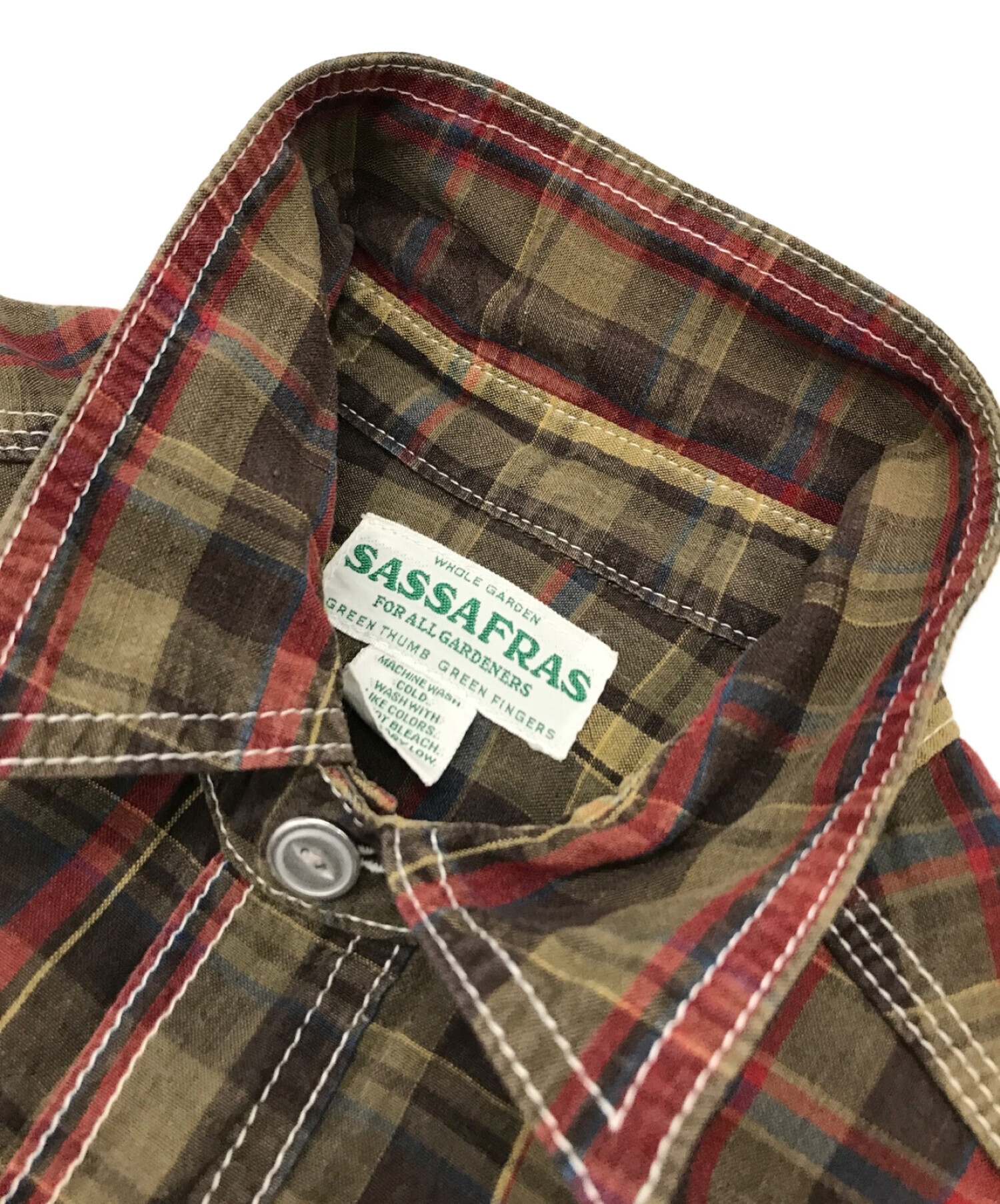 中古・古着通販】SASSAFRAS (ササフラス) プルオーバーチェックシャツ レッド×カーキ サイズ:L｜ブランド・古着通販  トレファク公式【TREFAC FASHION】スマホサイト