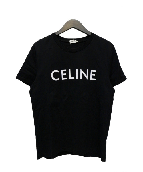美品 セリーヌ CELINE Tシャツ カットソー 半袖 ショートスリーブ ロゴプリント コットン トップス レディース S ブラック