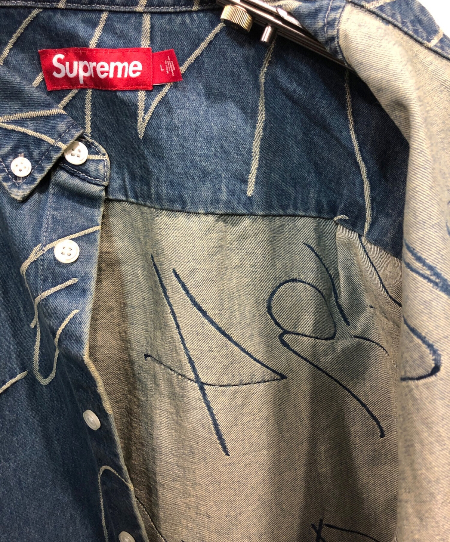 SUPREME (シュプリーム) HANDWRITING JACQUARD DENIM SHIRT/ハンドライティングジャガードデニムシャツ  インディゴ サイズ:L