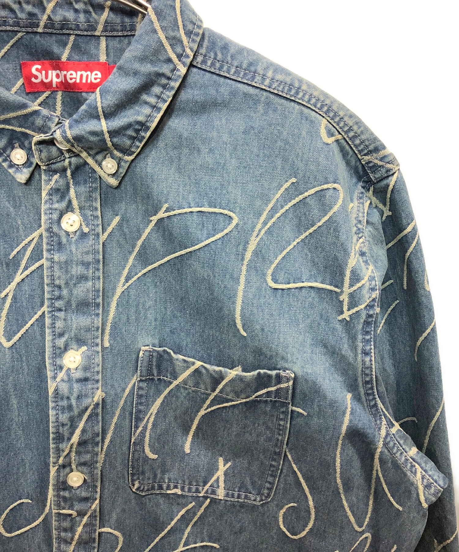 SUPREME (シュプリーム) HANDWRITING JACQUARD DENIM SHIRT/ハンドライティングジャガードデニムシャツ  インディゴ サイズ:L