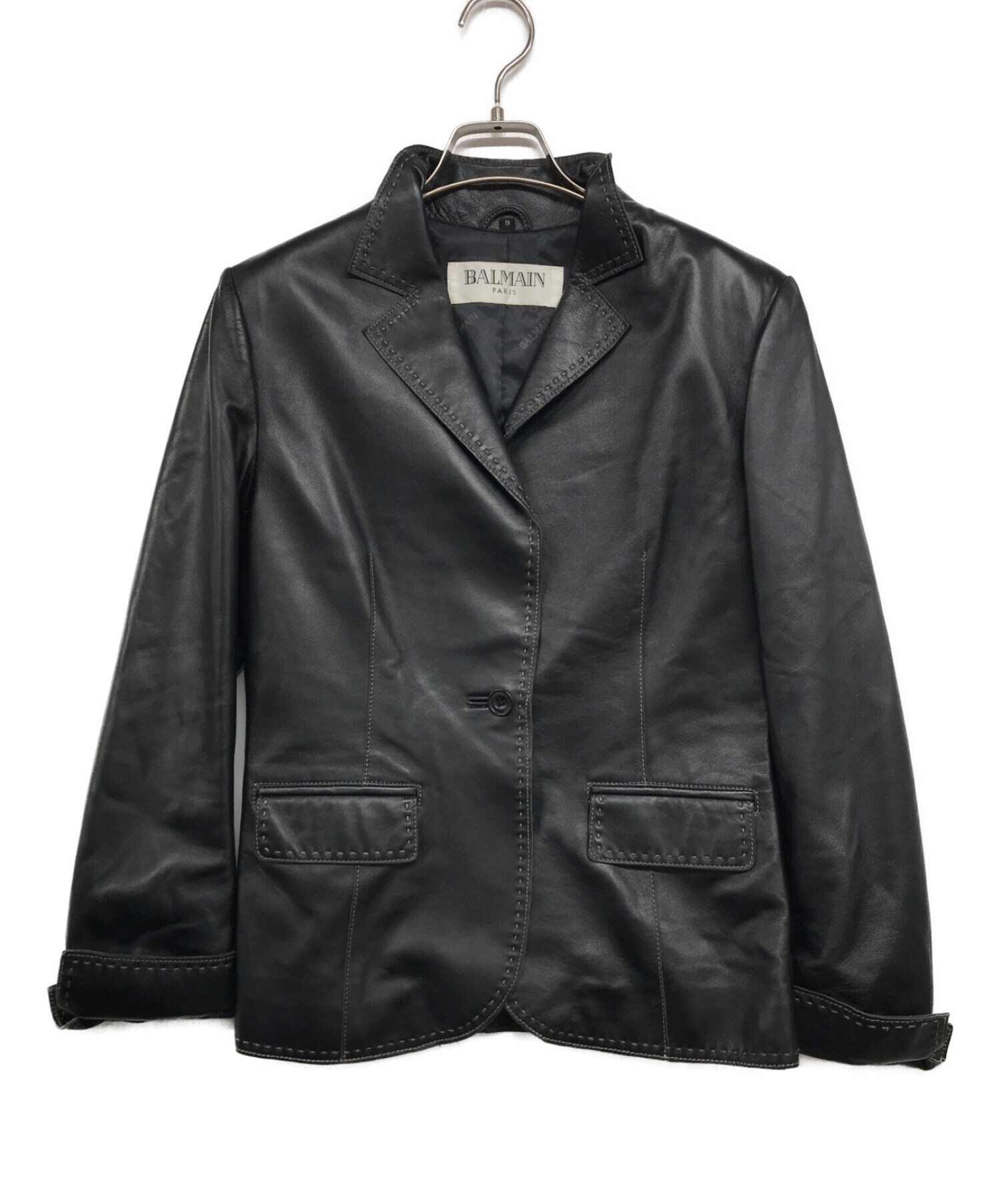 BALMAIN (バルマン) ステッチレザーテーラードジャケット ブラック サイズ:9