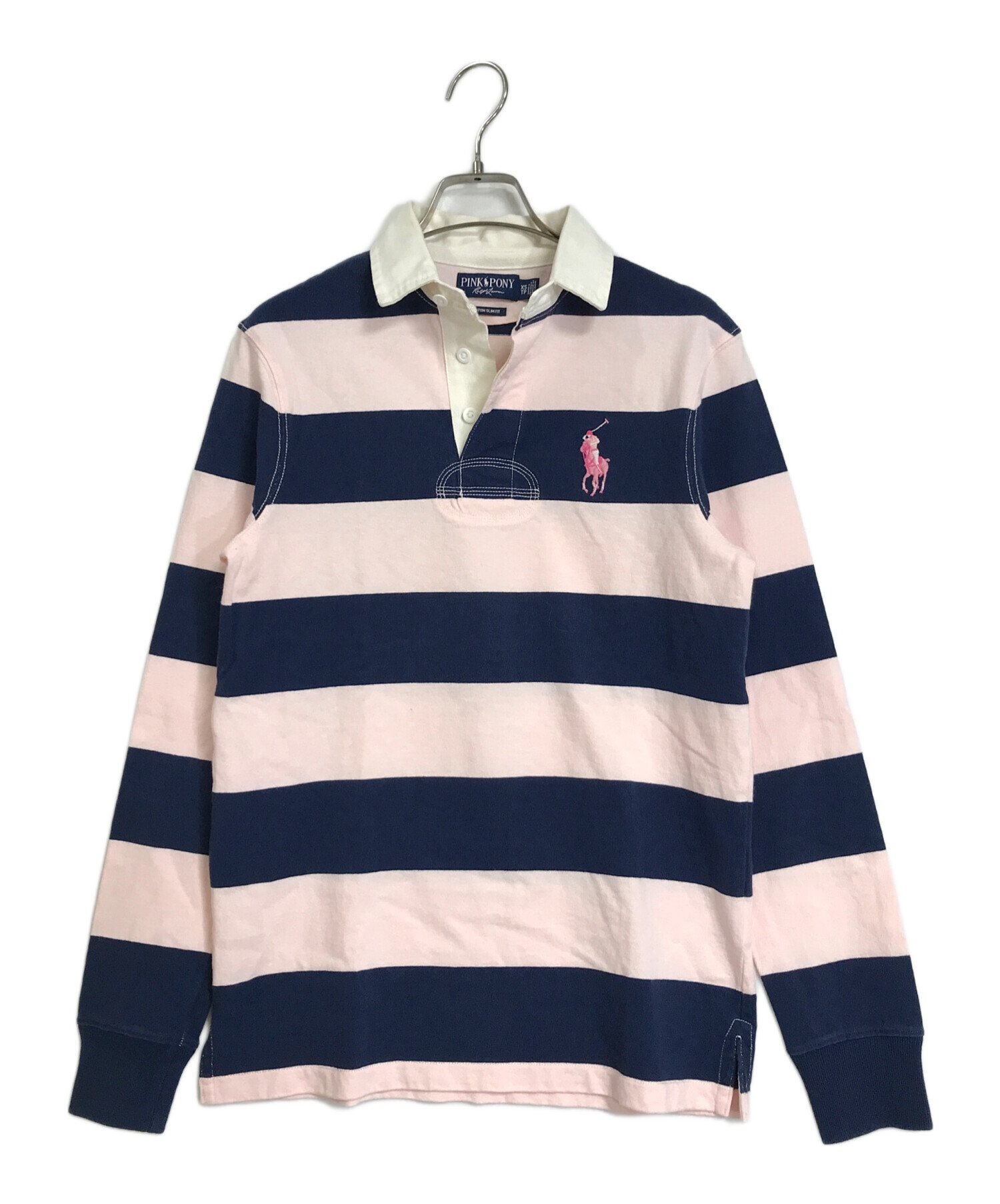 POLO RALPH LAUREN PINK PONY (ラルフローレンピンクポニー) ラガーシャツ　長袖シャツ　ボーダーラガーシャツ　 ナンバリングシャツ　ワンポイント刺繍 ピンク×ネイビー サイズ:XS