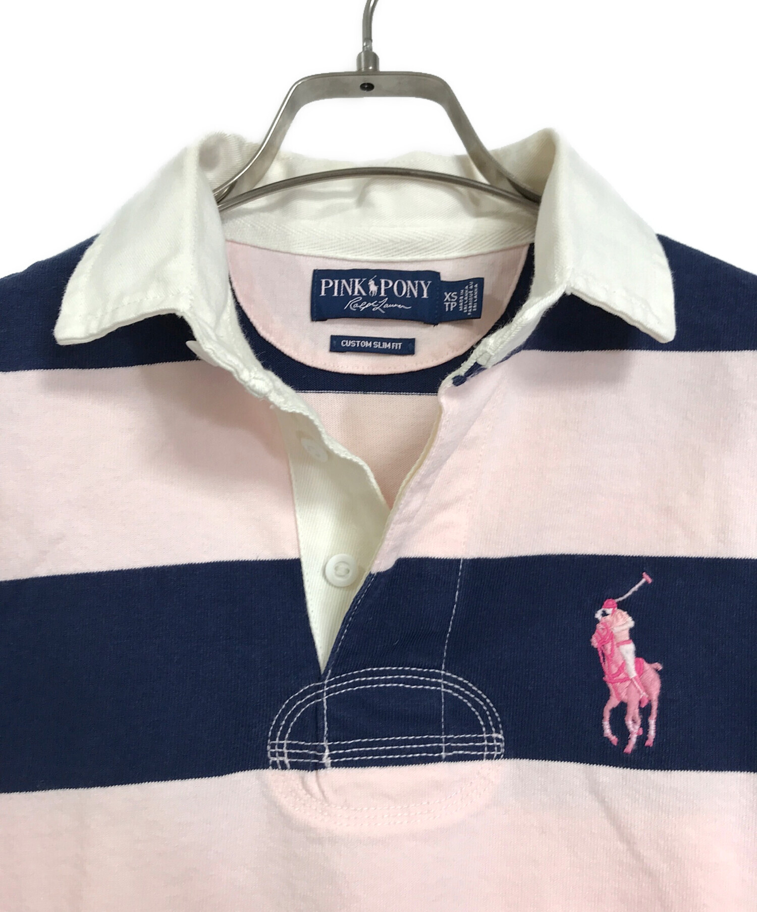 POLO RALPH LAUREN PINK PONY (ラルフローレンピンクポニー) ラガーシャツ　長袖シャツ　ボーダーラガーシャツ　 ナンバリングシャツ　ワンポイント刺繍 ピンク×ネイビー サイズ:XS