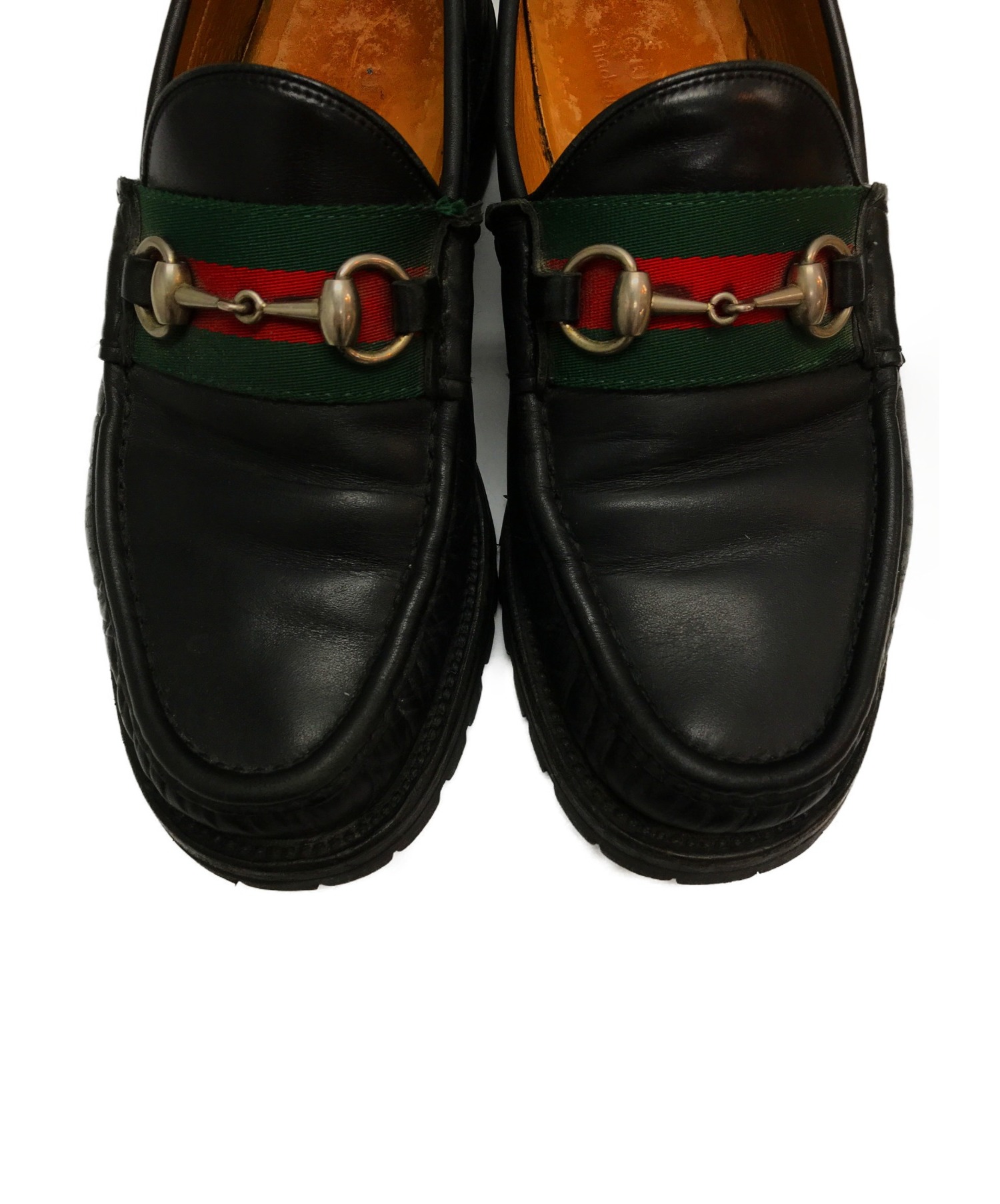 GUCCI (グッチ) ホースビットシェリーラインローファー ブラック サイズ:6 Leather Web Horsebit loafer 496246