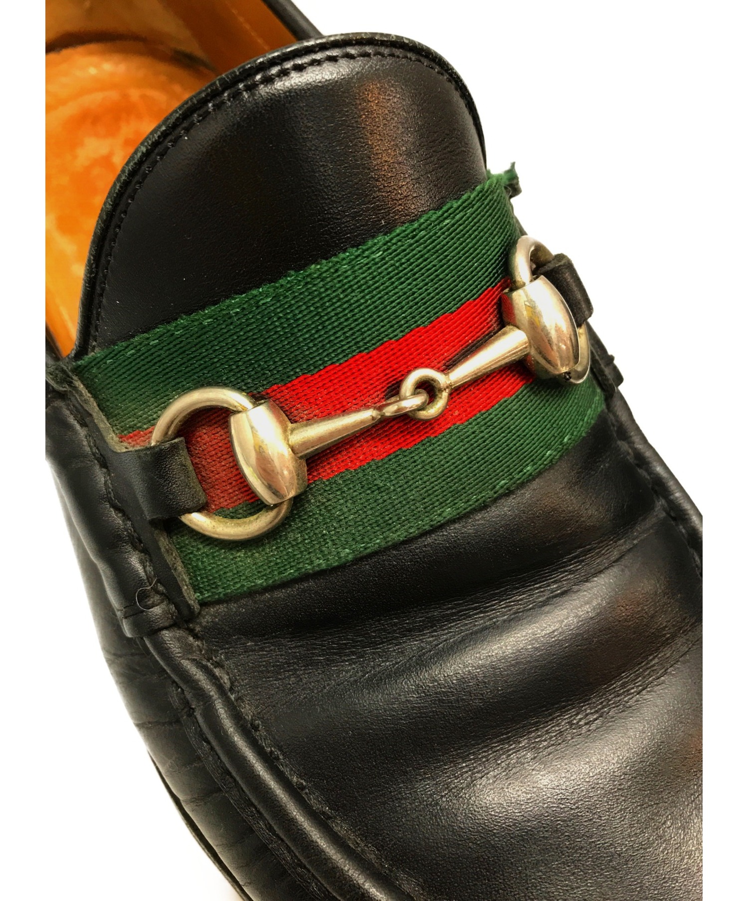 GUCCI (グッチ) ホースビットシェリーラインローファー ブラック サイズ:6 Leather Web Horsebit loafer 496246