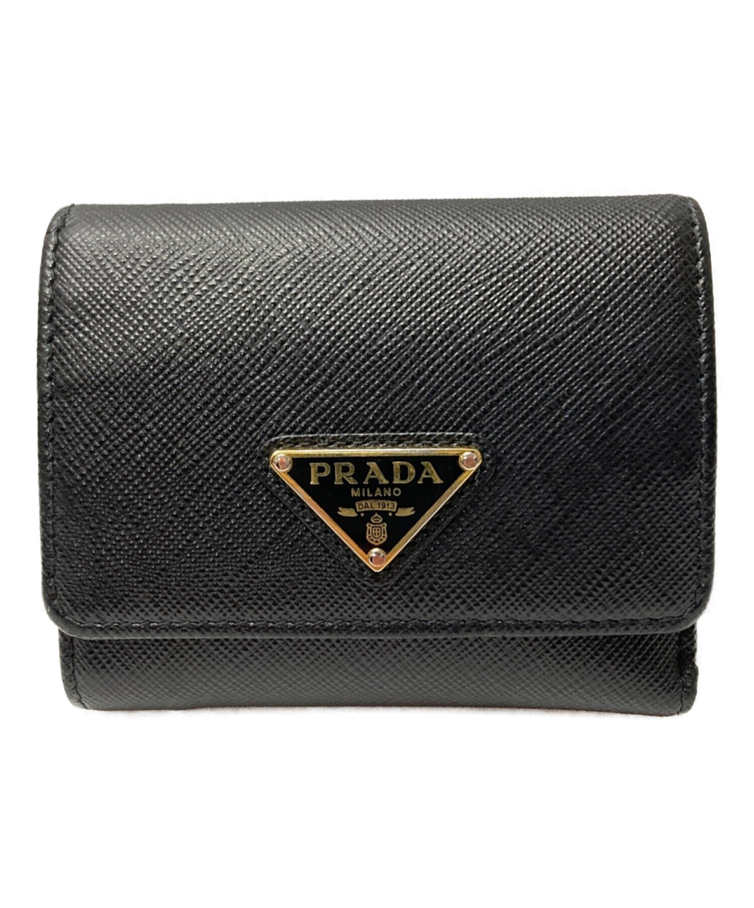 スナップボタン新品 PRADA プラダ 三つ折り財布 サフィアーノ ブラック 三角プレート 黒