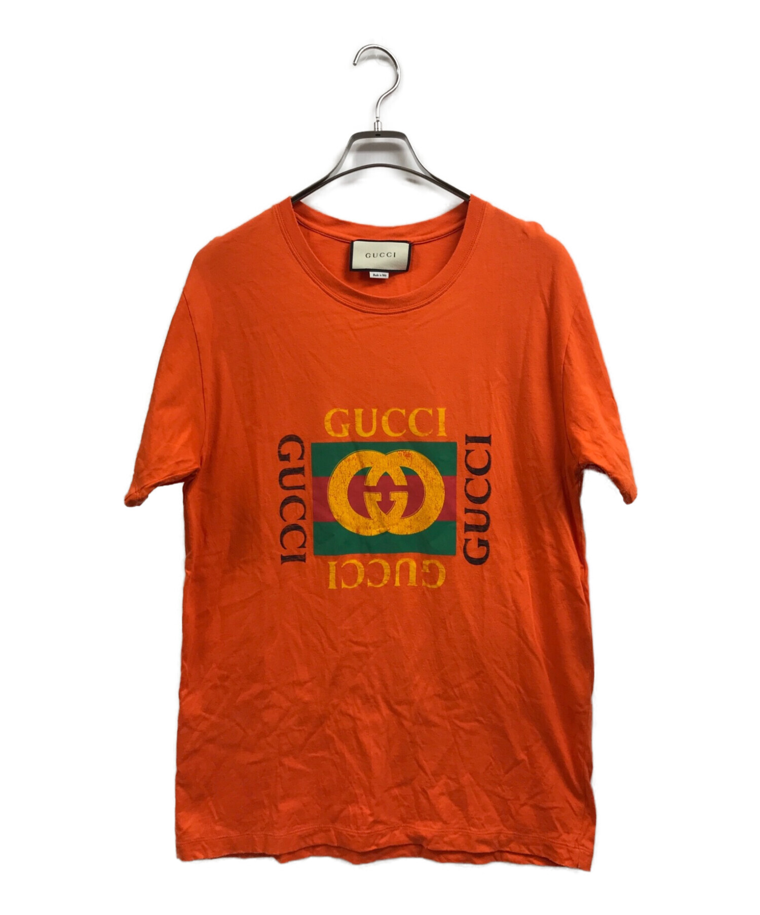GUCCI (グッチ) ヴィンテージグリッターロゴプリントダメージTシャツ オレンジ サイズ:XS