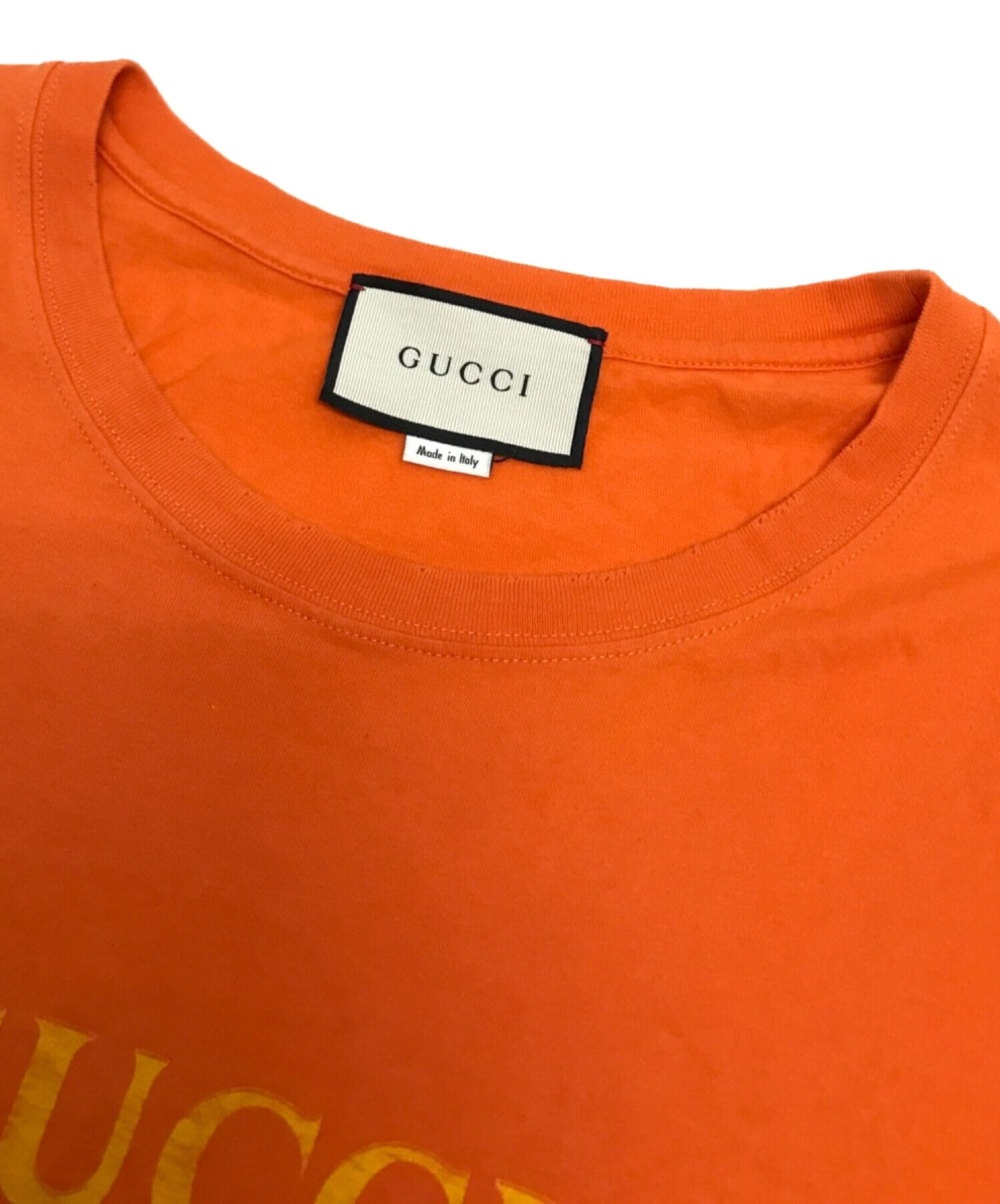 GUCCI (グッチ) ヴィンテージグリッターロゴプリントダメージTシャツ オレンジ サイズ:下記参照