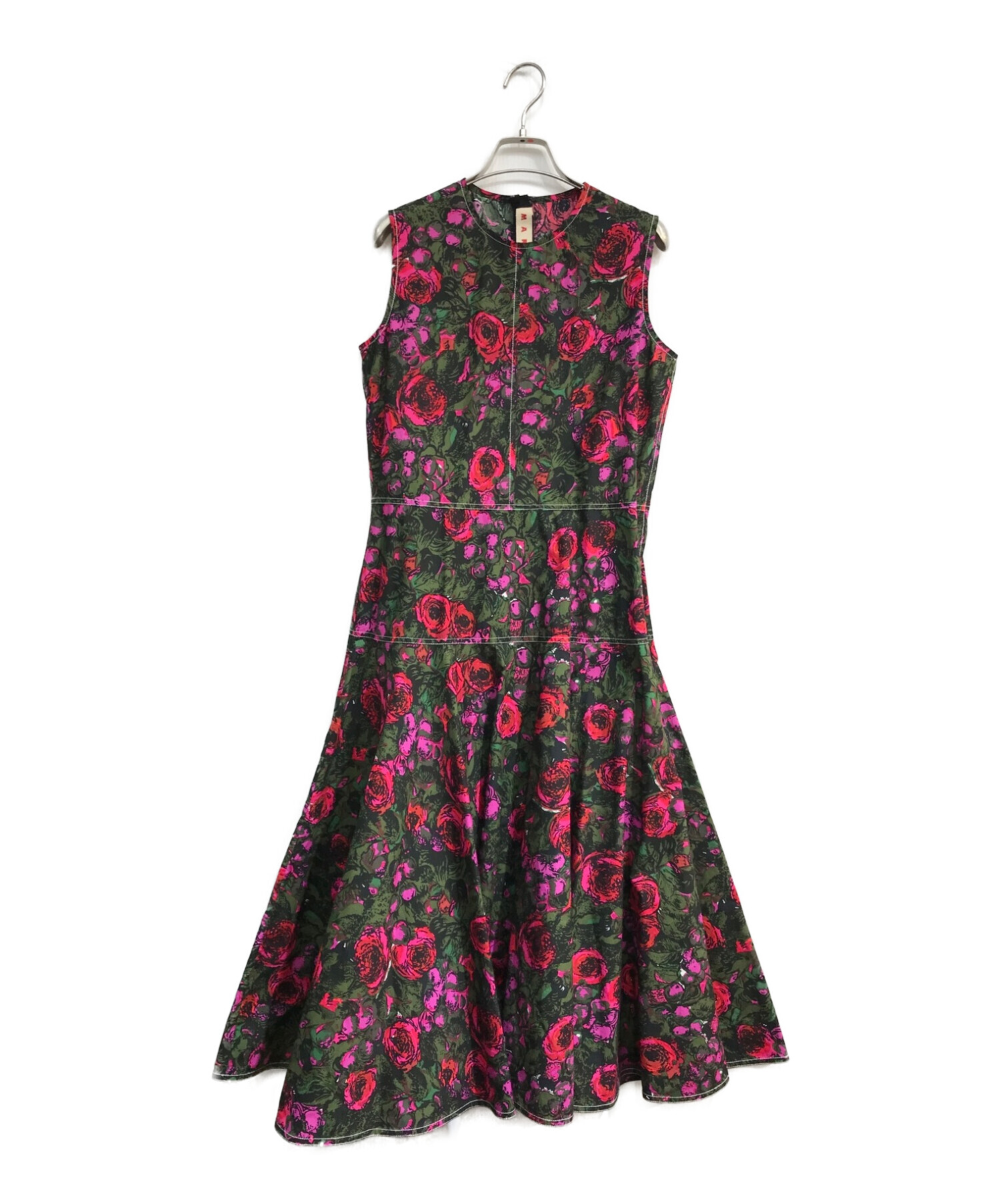 MARNI (マルニ) Floral Sleeveless Cotton Poplin Midi Dress　ABMAT60M00　 フローラルスリーブレスコットンポプリンミディドレス オリーブ×レッド サイズ:40