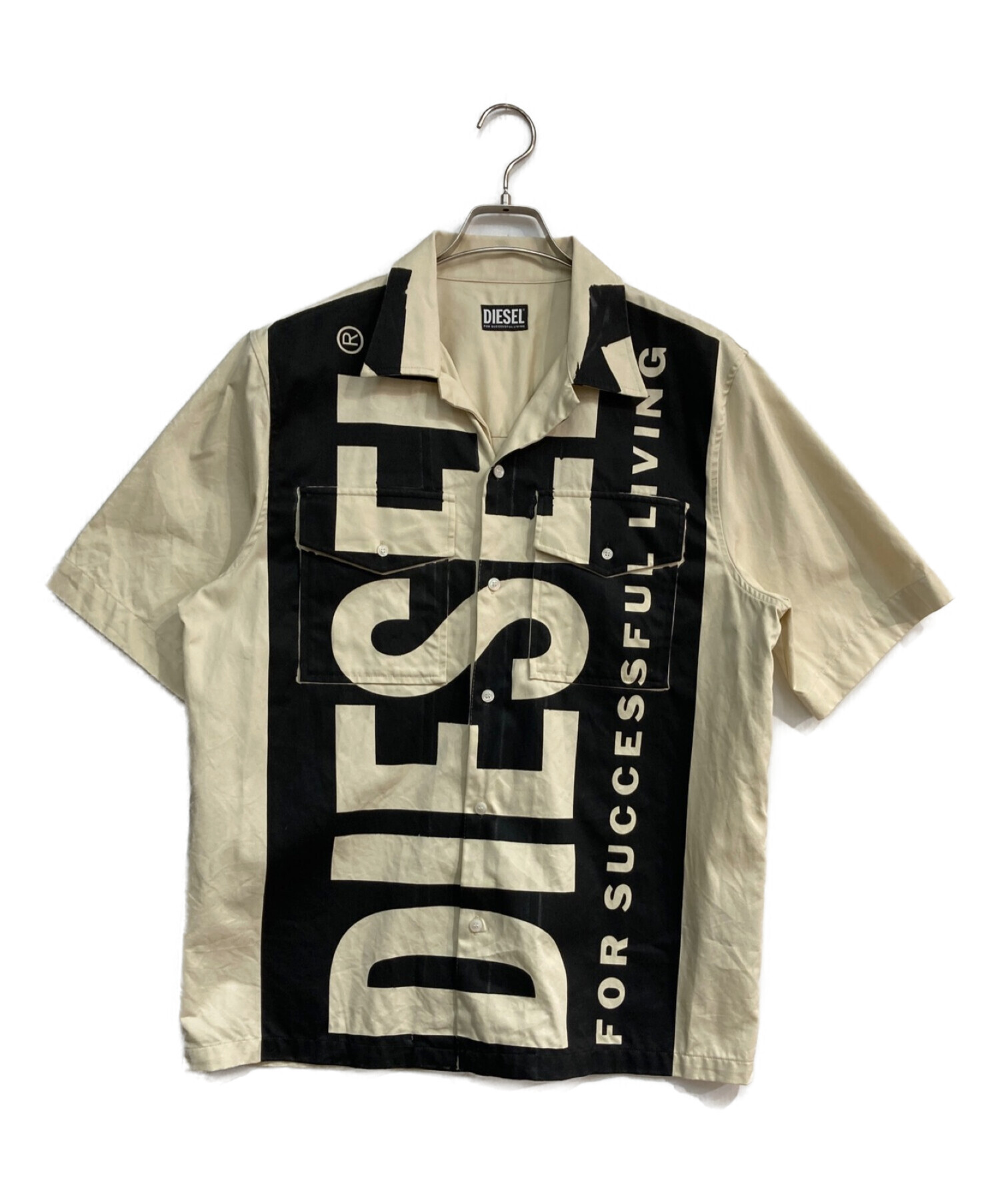 DIESEL (ディーゼル) Bowling shirt with maxi logo print　S-MAC-22 ベージュ×ブラック サイズ:M