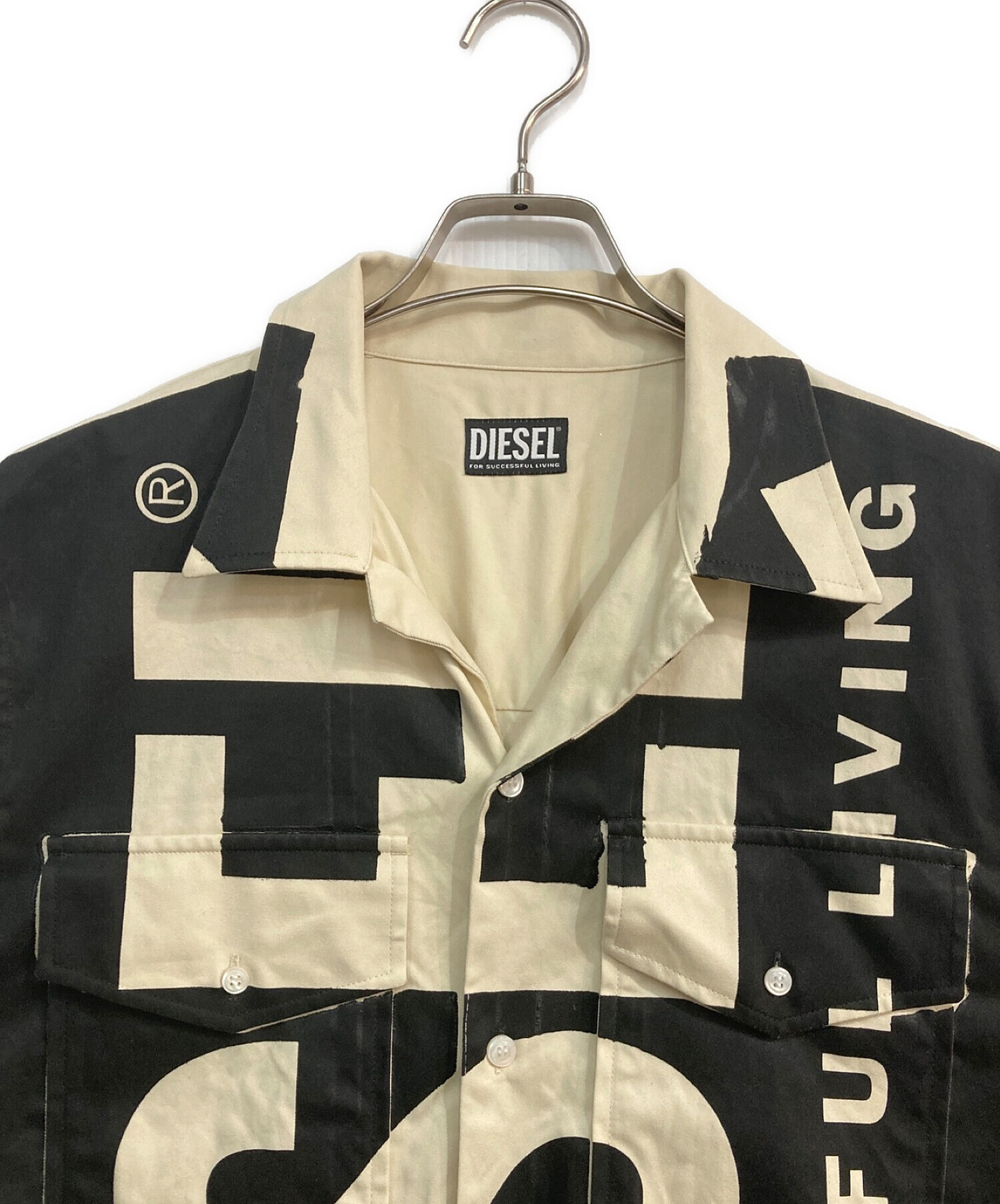 DIESEL (ディーゼル) Bowling shirt with maxi logo print　S-MAC-22 ベージュ×ブラック サイズ:M