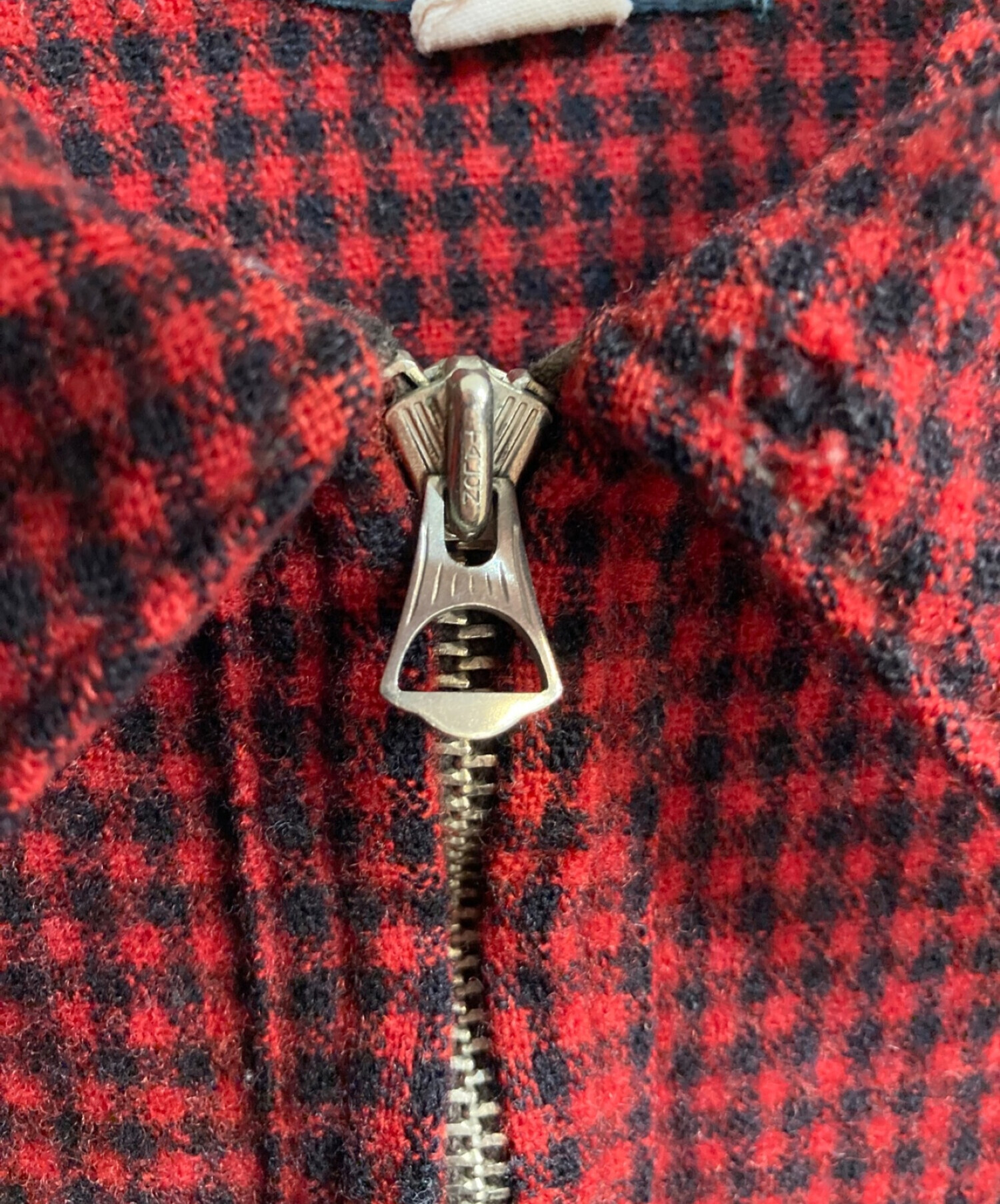 WOOLRICH (ウールリッチ) 40s ハーフジップチェックシャツ TALON ZIP デコベル 筆記体 レジスターマーク無し　猫目ボタン　 シェルボタン レッド×ブラック サイズ:-