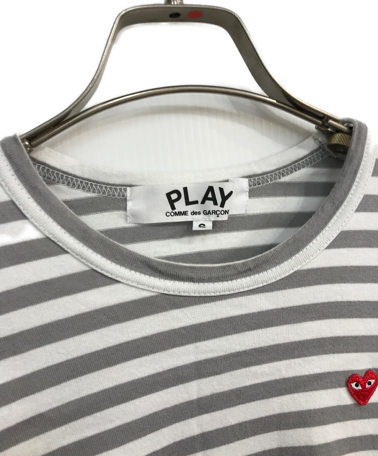 PLAY COMME des GARCONS (プレイ コムデギャルソン) ボーダーカットソー　AZ-T317　ハートロゴＴシャツ　グレーｘパープル  グレー×パープル サイズ:Ｓ