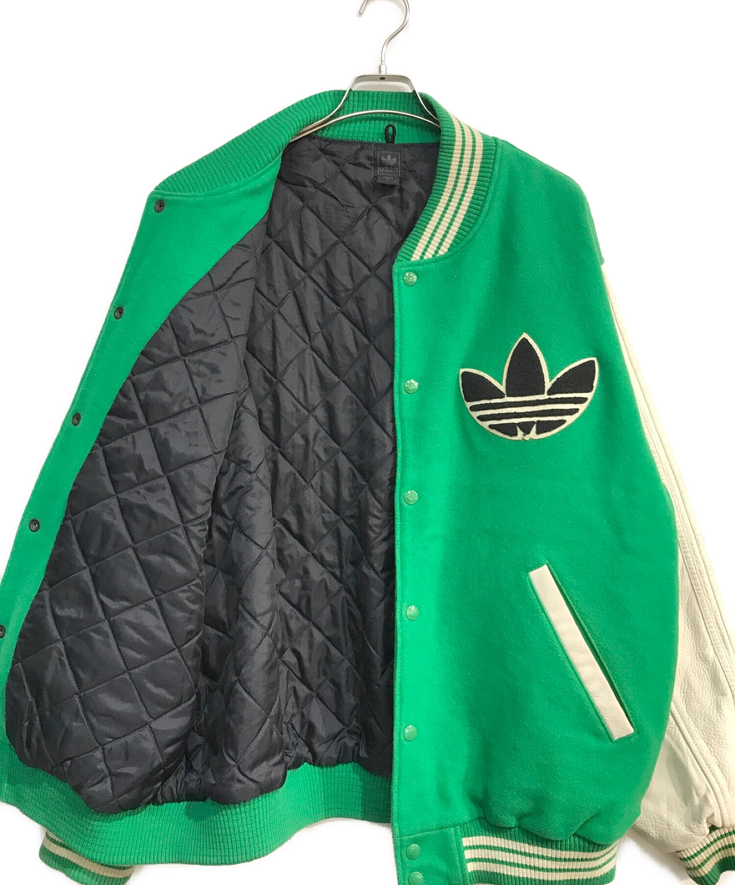 adidas (アディダス) 袖レザースタジャン　グリーン　2005年製　トレフォイルワッペン　 グリーン サイズ:2XO