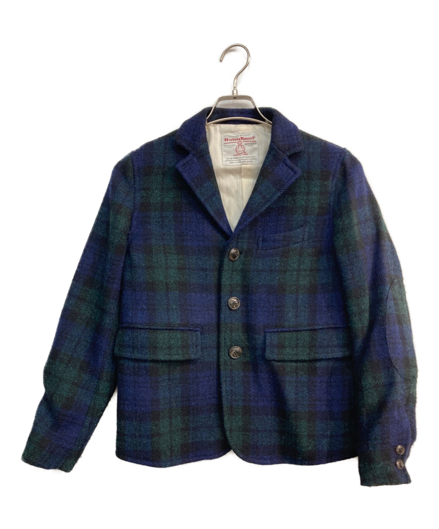 BEAMS BOY (ビームスボーイ) チェックセットアップ　Harris Tweed　ネイビー×グリーン　ジャケット/テーパードパンツ　 ブラックウォッチ　エルボーパッチ ネイビー×グリーン