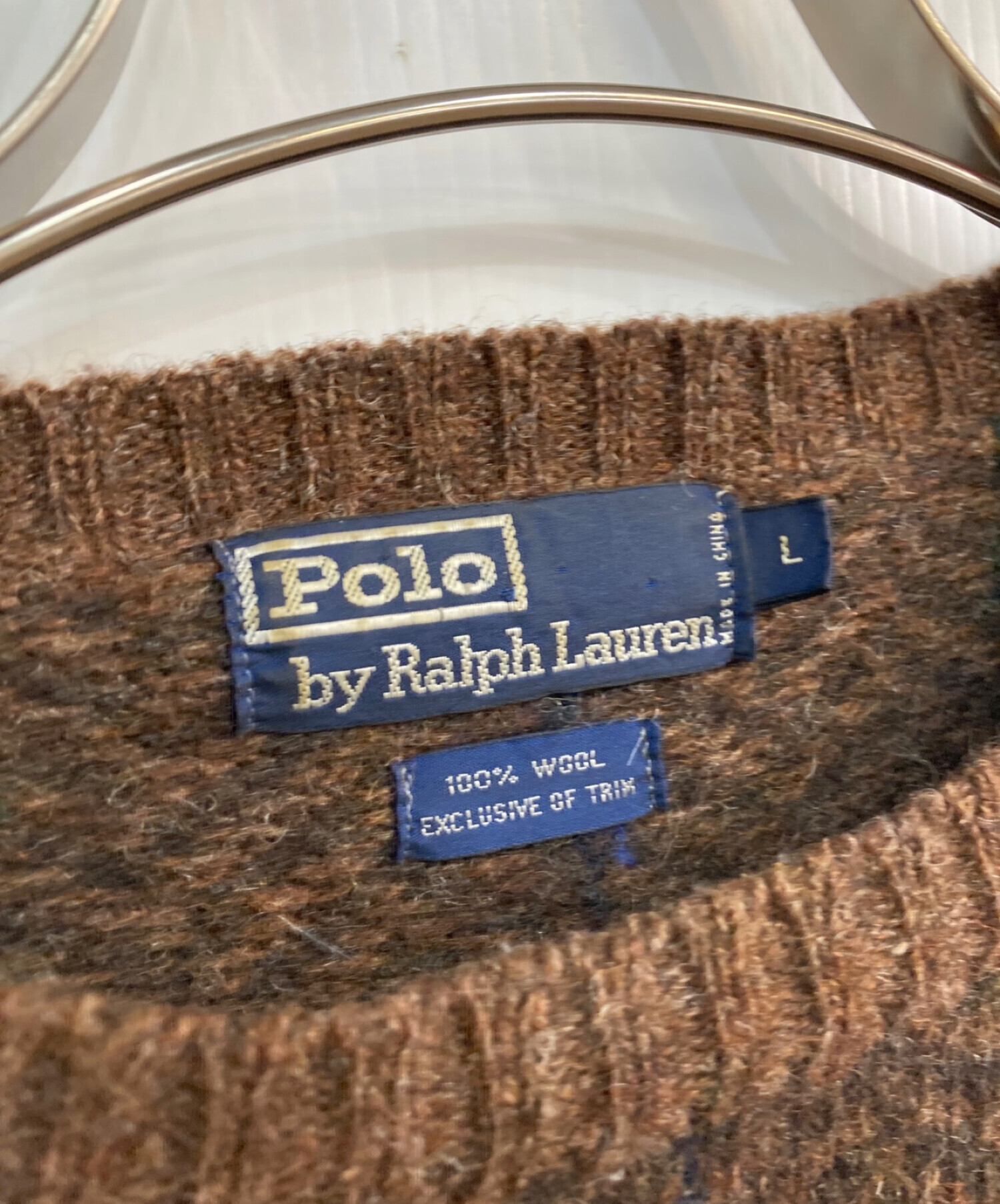 POLO RALPH LAUREN (ポロ・ラルフローレン) レザーパッチニット　90s ブラウン サイズ:L