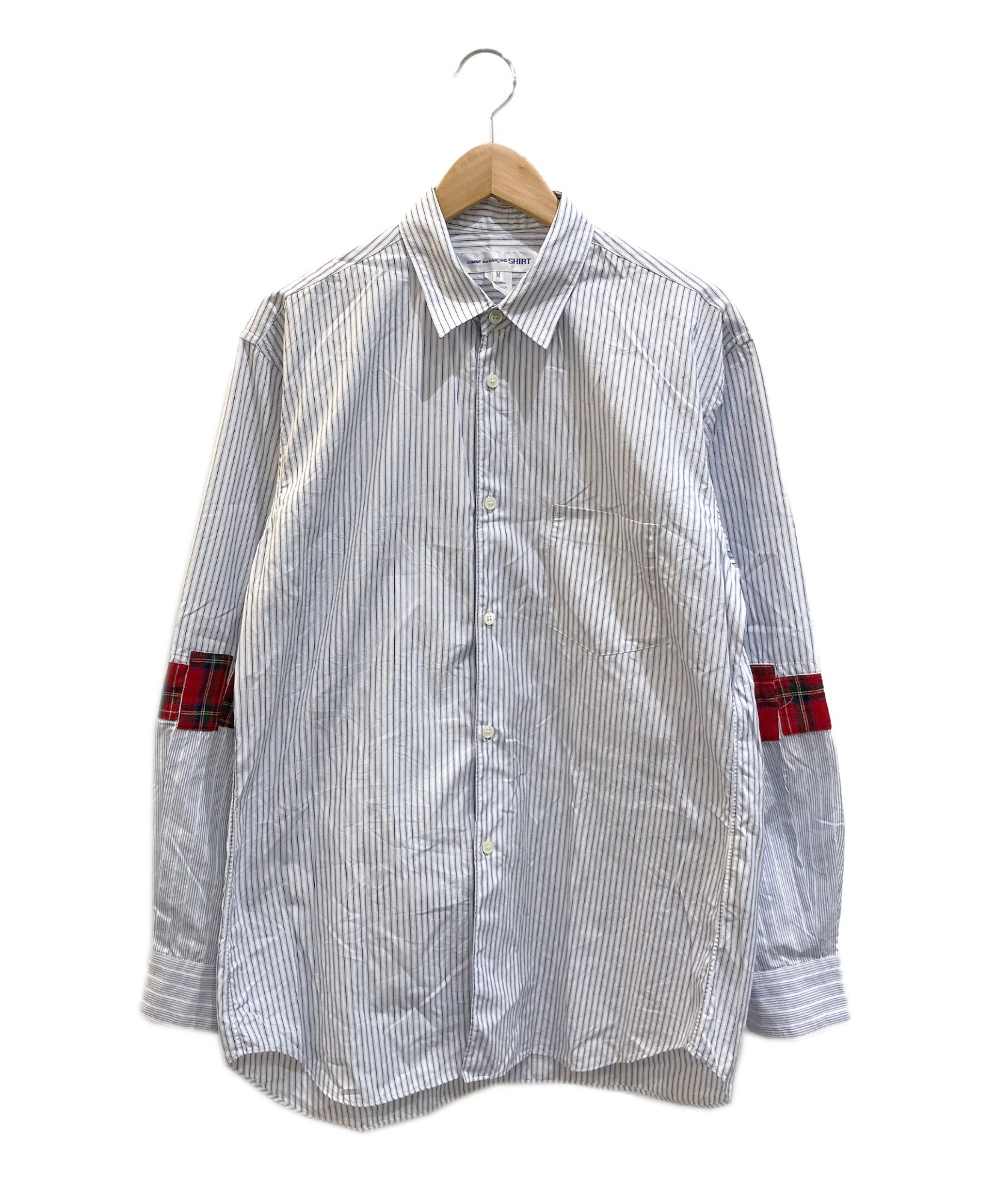 COMME des GARCONS SHIRT (コムデギャルソンシャツ) チェック接ぎ袖ストライプシャツ ブルー サイズ:M フランス製