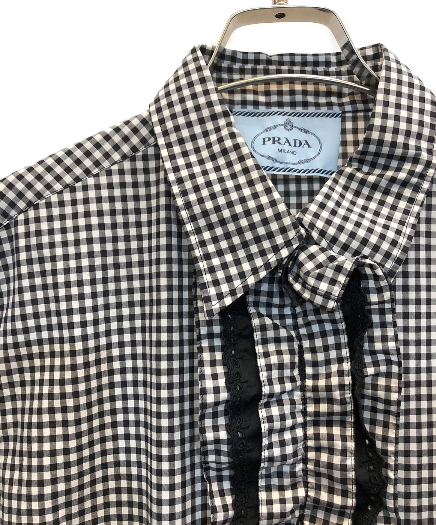 中古・古着通販】PRADA (プラダ) ギンガムチェック フリルシャツ