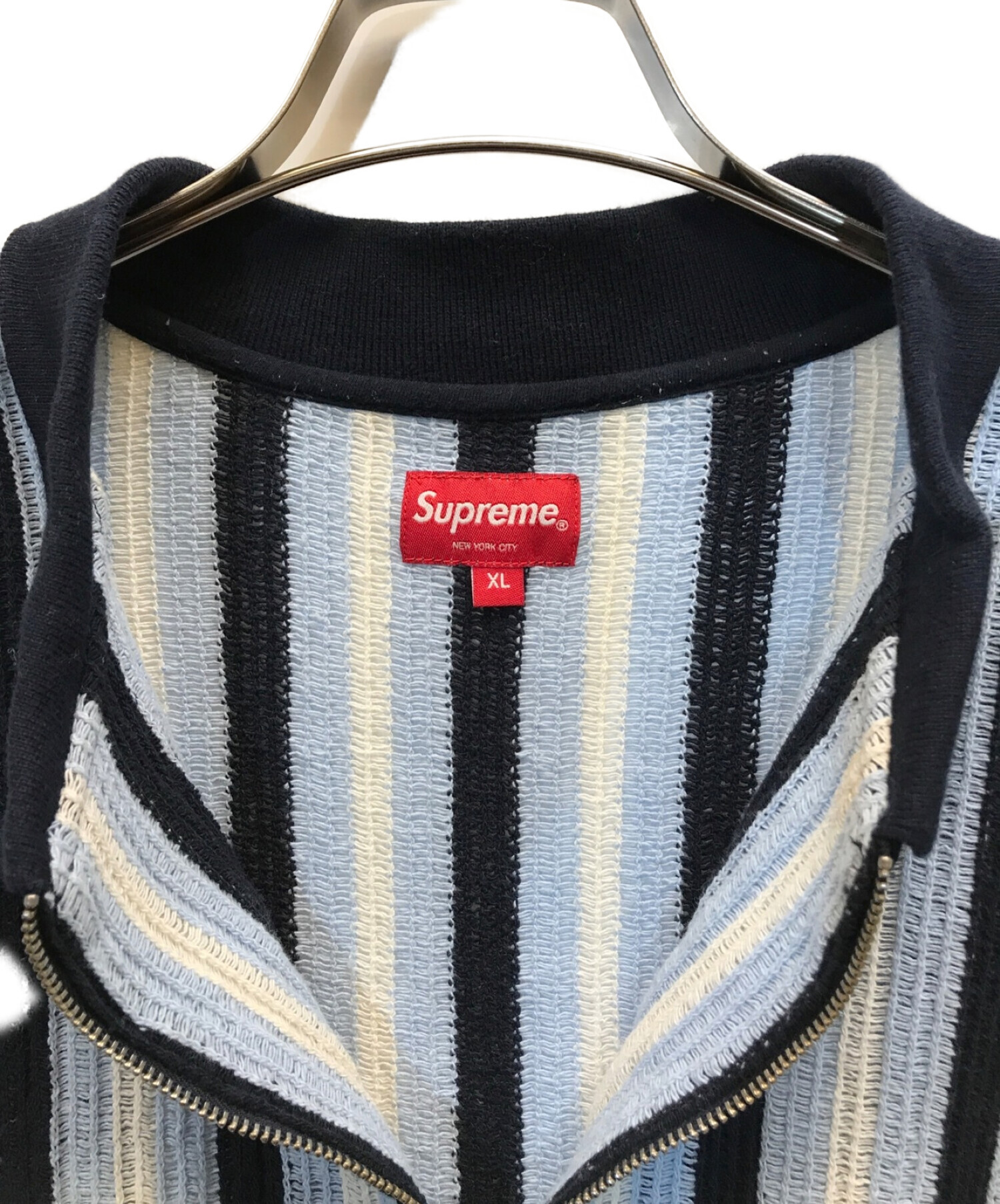 SUPREME (シュプリーム) 22SS Open Knit Stripe Zip Polo　オープンニットストライプジップポロ　ニットポロシャツ  ブルー サイズ:XL