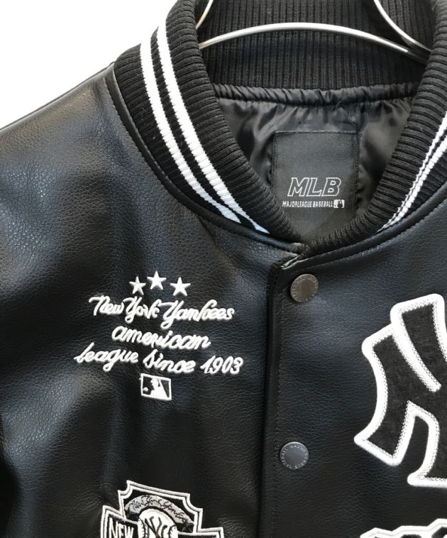 MLB (メジャーリーグベースボール) ニューヨークヤンキース　NY刺繍ワッペンエコレザースタジャン　フェイクレザースタジャン ブラック サイズ:100
