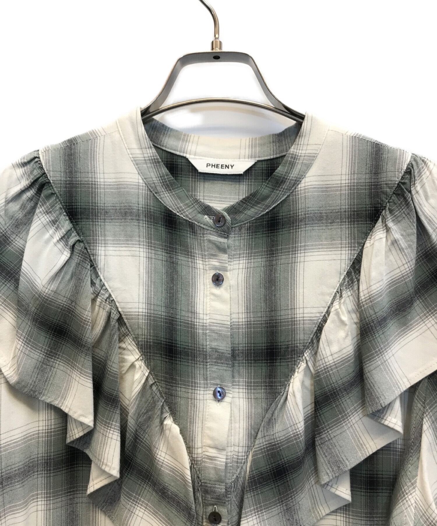 PHEENY (フィーニー) Rayon ombre check frill shirt ホワイト×グリーン サイズ:F