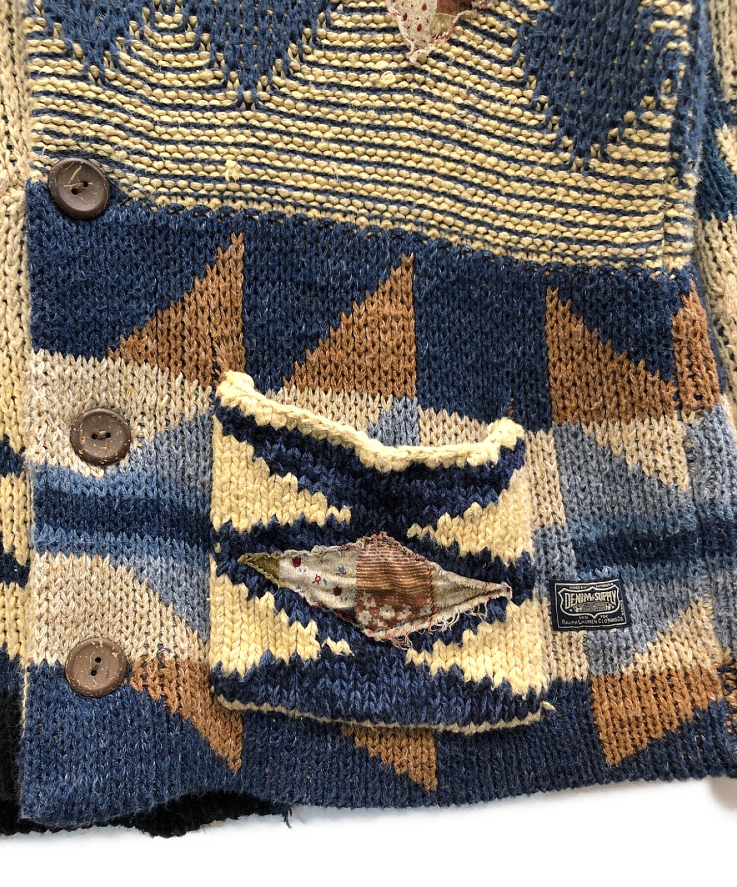 中古・古着通販】Denim & Supply Ralph Lauren (デニム＆サプライ ラルフローレン) ネイティブ柄パッチワークショールカラーカーディガン  ネイビー×ベージュ サイズ:S｜ブランド・古着通販 トレファク公式【TREFAC FASHION】スマホサイト