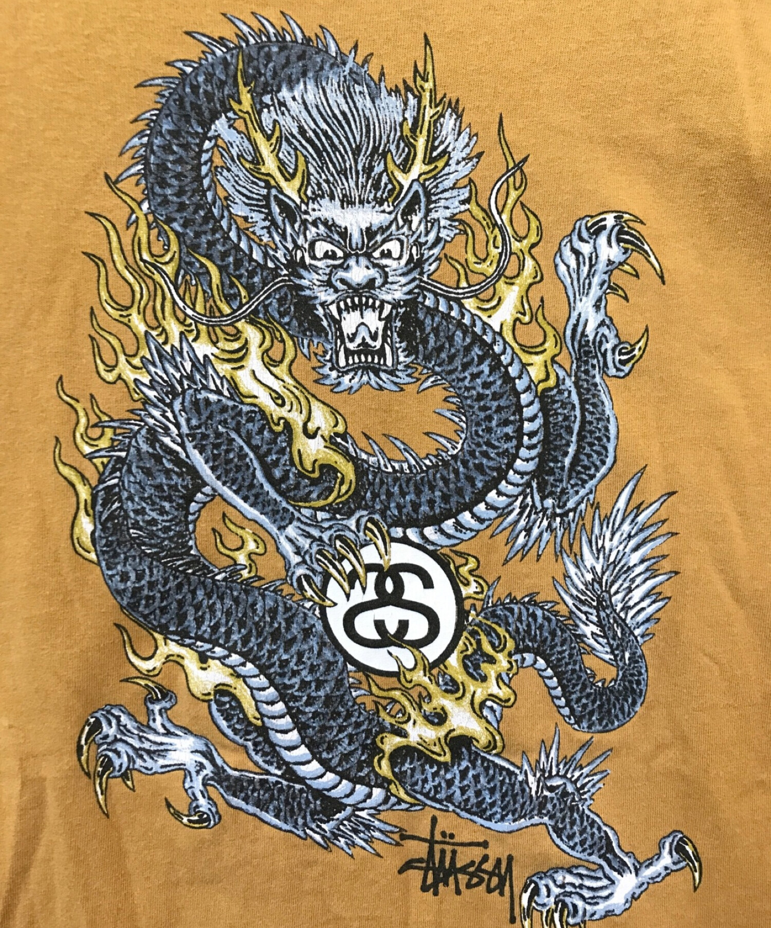 OLD STUSSY (オールドステューシー) ドラゴンプリントTシャツ イエロー サイズ:XL