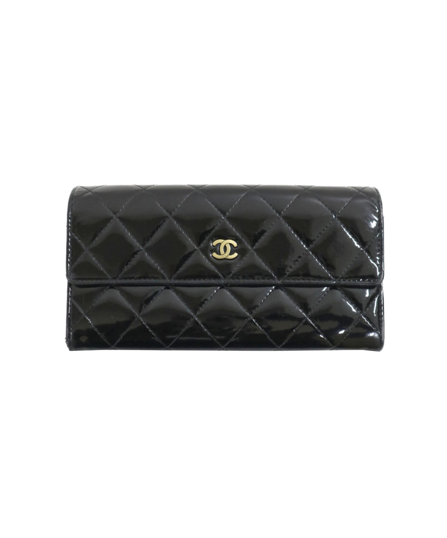 中古・古着通販】CHANEL (シャネル) エナメル二つ折り長財布 ブラック