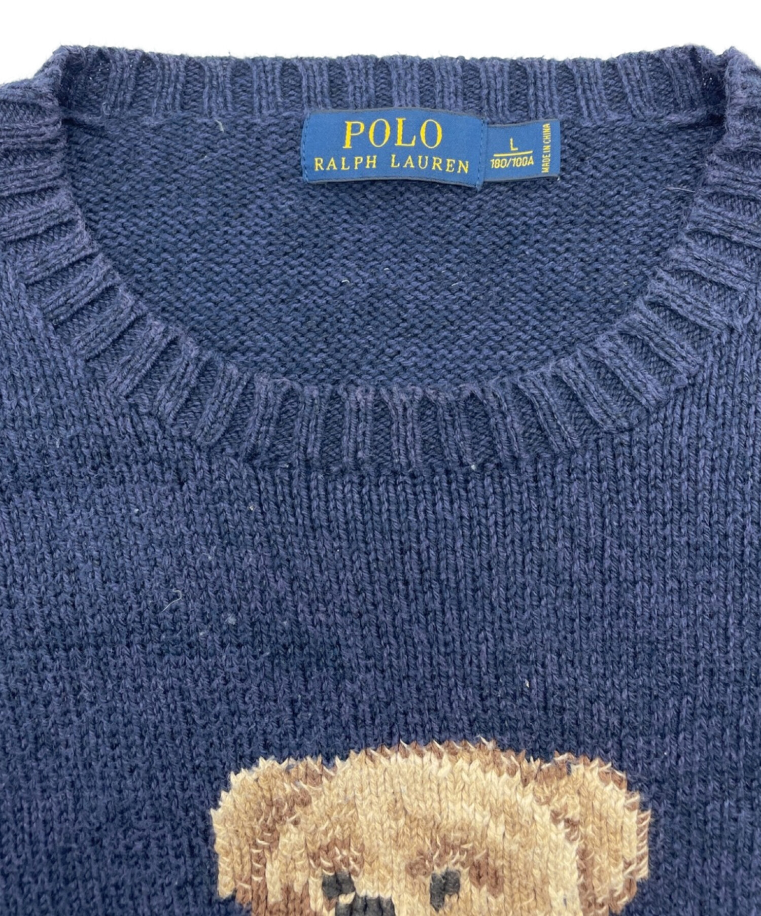 POLO RALPH LAUREN (ポロ・ラルフローレン) ベア刺繍コットンリネンニット　ポロベアクルーネックニット ネイビー サイズ:L