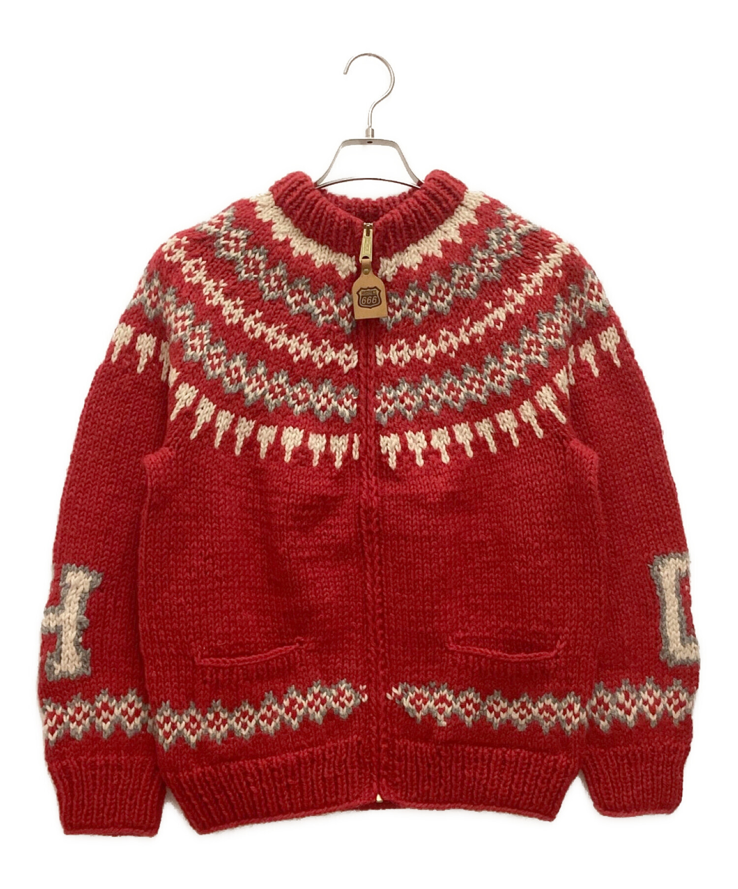 hysterics (ヒステリックス) CANADIAN SWEATER (カナディアンセーター) カウチンニットカーディガン　ノーカラー　フルジップ　 ウール レッド サイズ:S