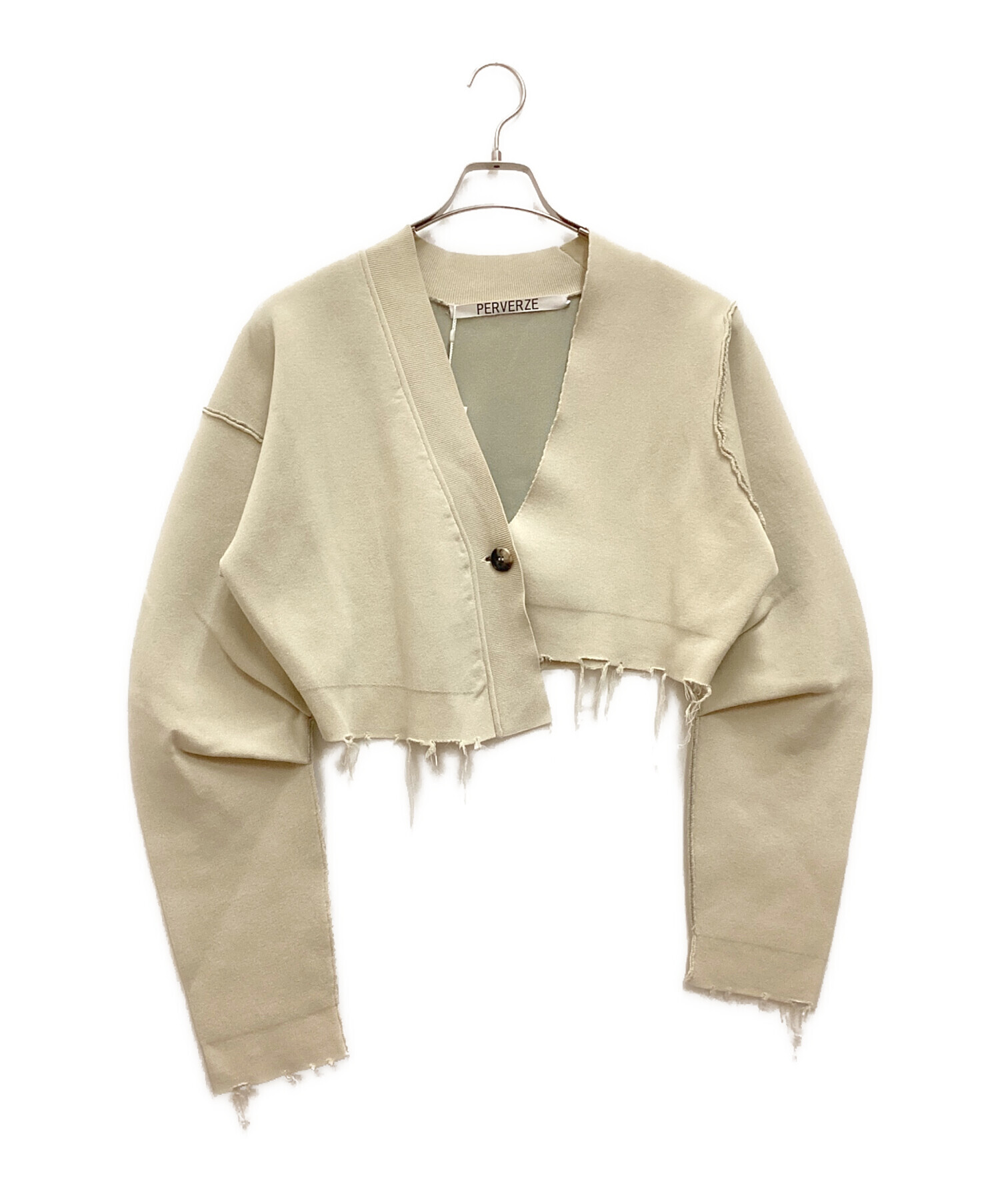 PERVERZE (パーバーズ) Cropped Slip Knit Cardigan/ クロップドスリップニットカーディガン　Vネック　カットオフ　 アシンメトリー ベージュ サイズ:F 未使用品