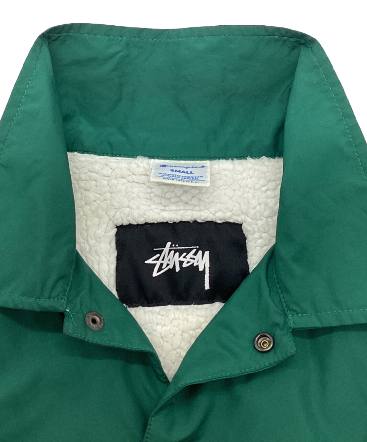 stussy (ステューシー) Champion (チャンピオン) 裏ボアコーチジャケット　刺繍　バックロゴ グリーン サイズ:SMALL