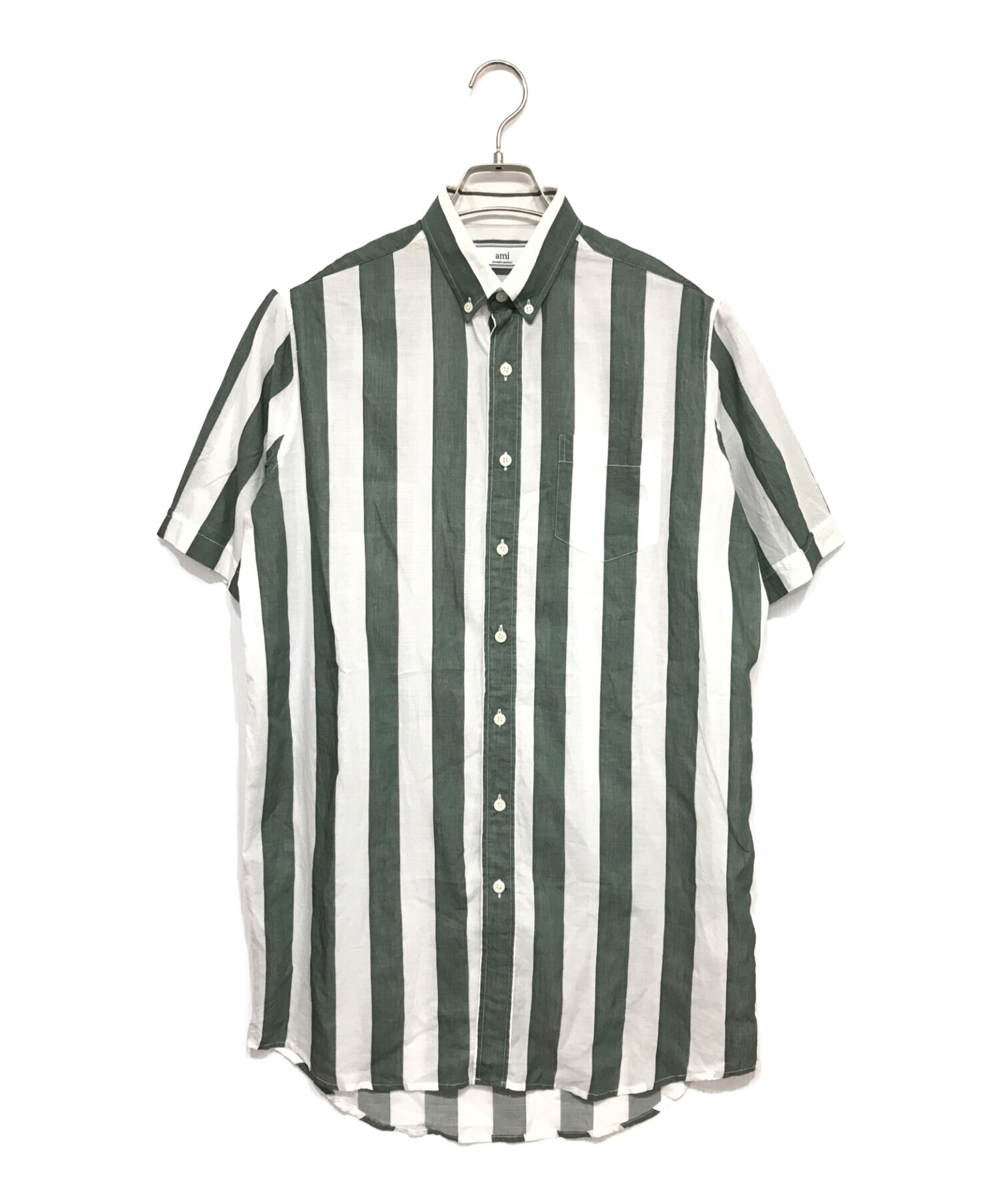 ami (アミ) 半袖ストライプシャツ ホワイト×グリーン サイズ:37