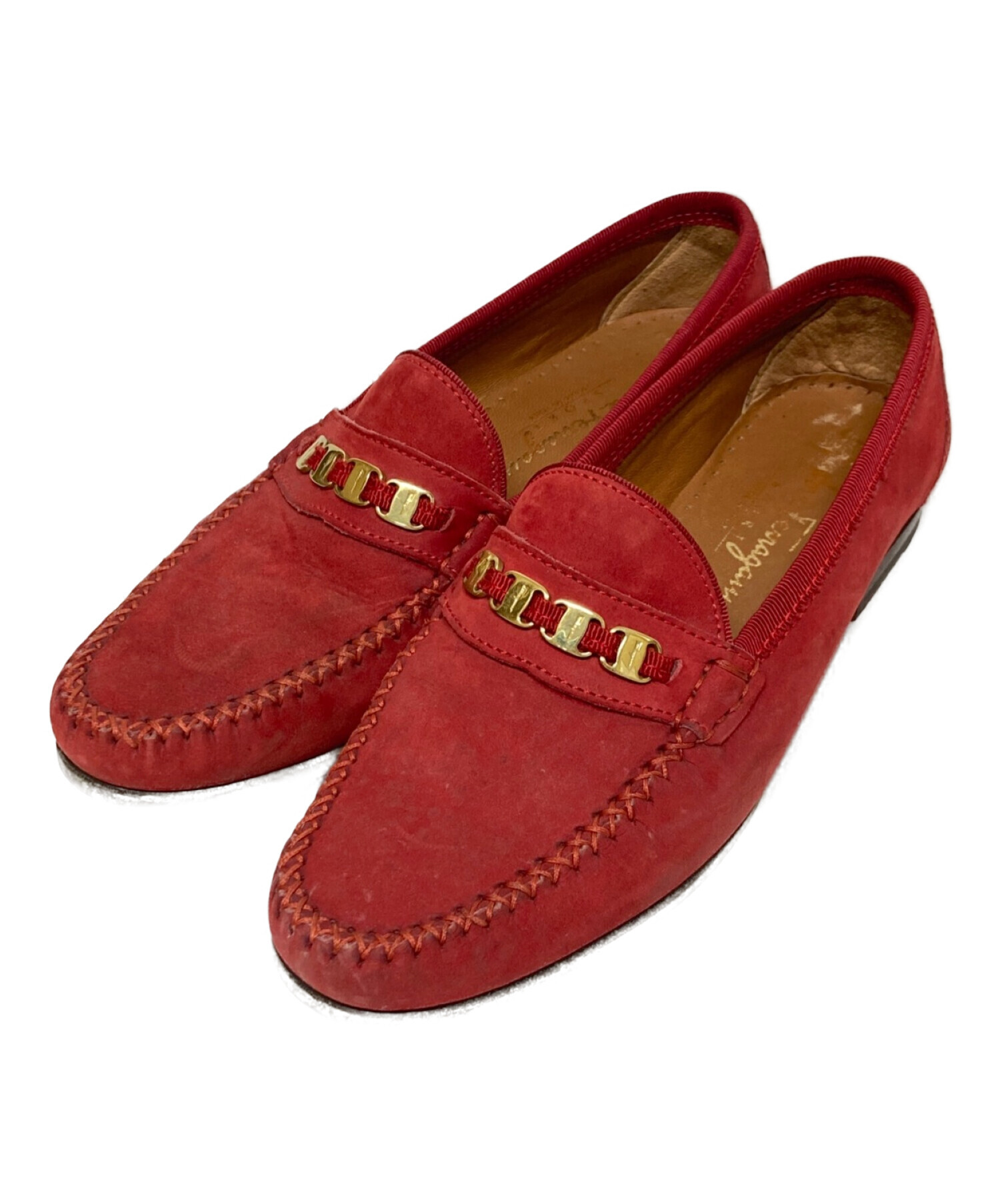 素材スエードフェラガモ スエード 赤 ローファー - ローファー/革靴