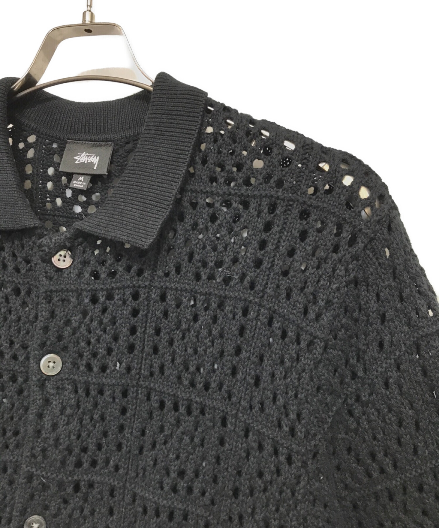 stussy (ステューシー) crochet shirt black クロシェニット 半袖 シャツ ブラック サイズ:M