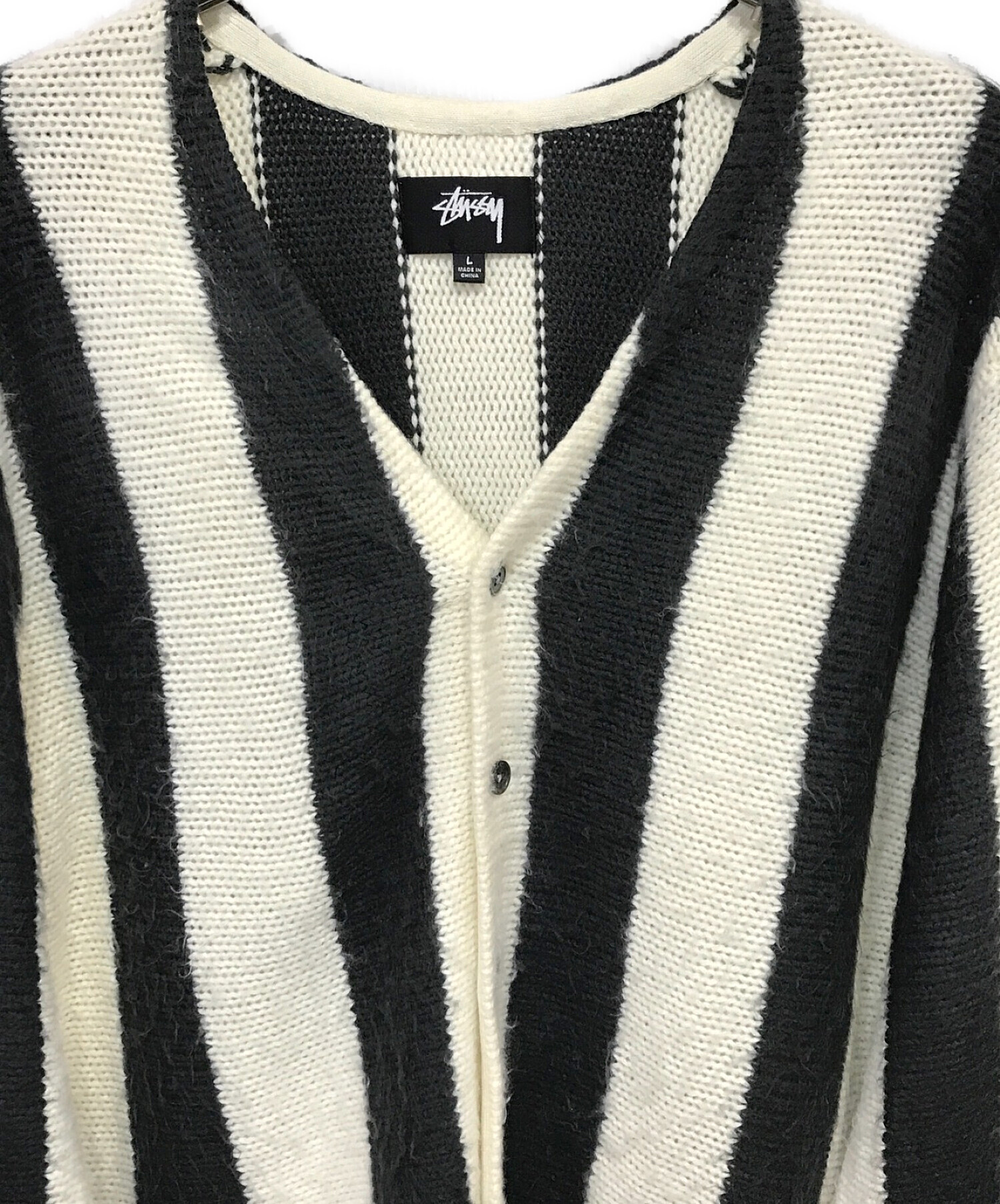 stussy (ステューシー) Stripe Brushed Cardigan ストライプVネックカーディガン ホワイト×ブラック サイズ:L