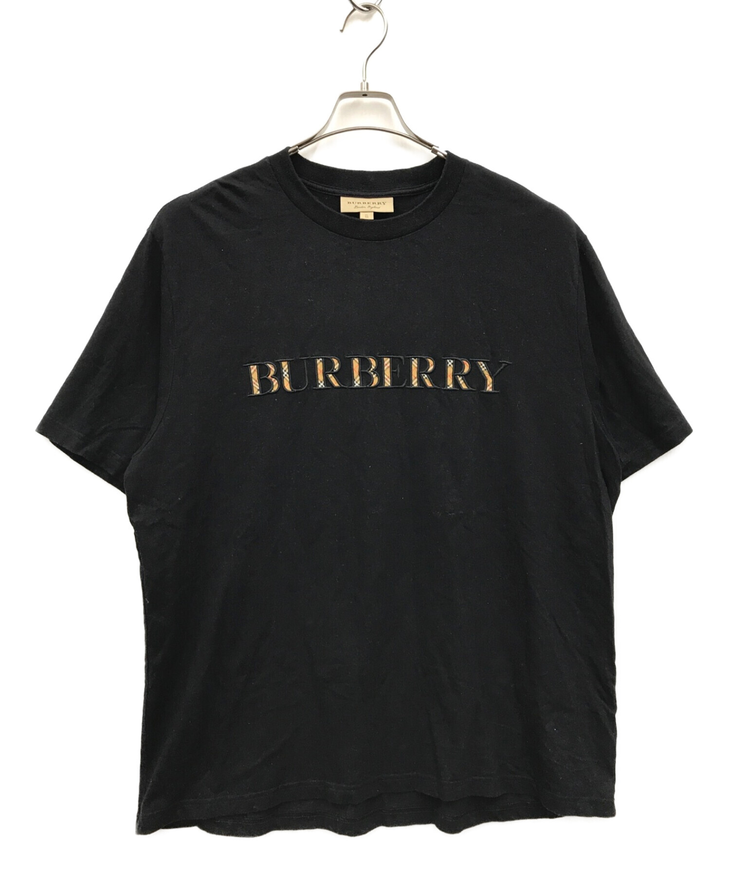 BURBERRY LONDON (バーバリー ロンドン) ノバチェック柄ロゴ刺繍Tシャツ ブラック サイズ:XL