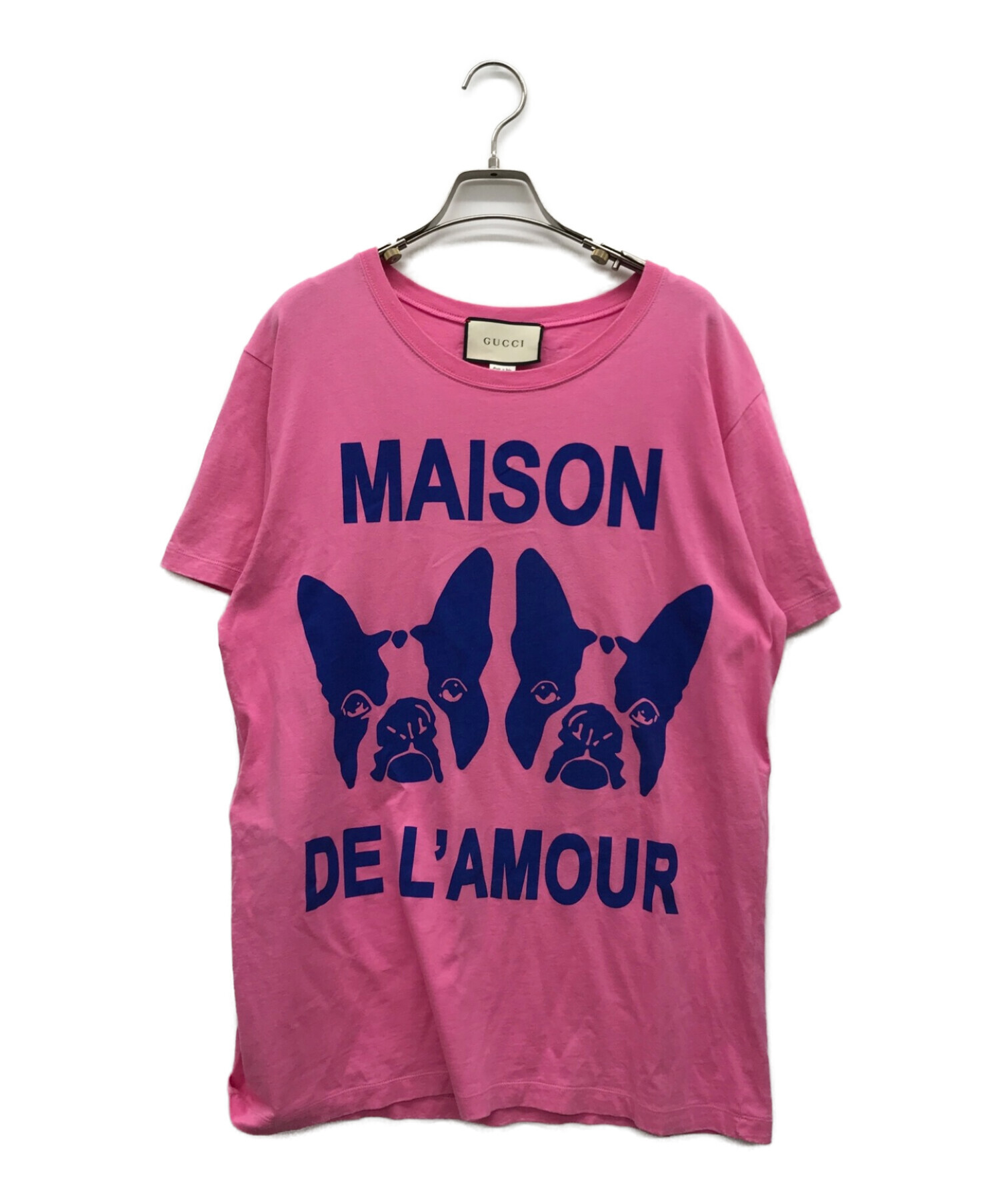 GUCCI (グッチ) バックロゴスパンコール装飾ドッグプリントTシャツ ピンク サイズ:M